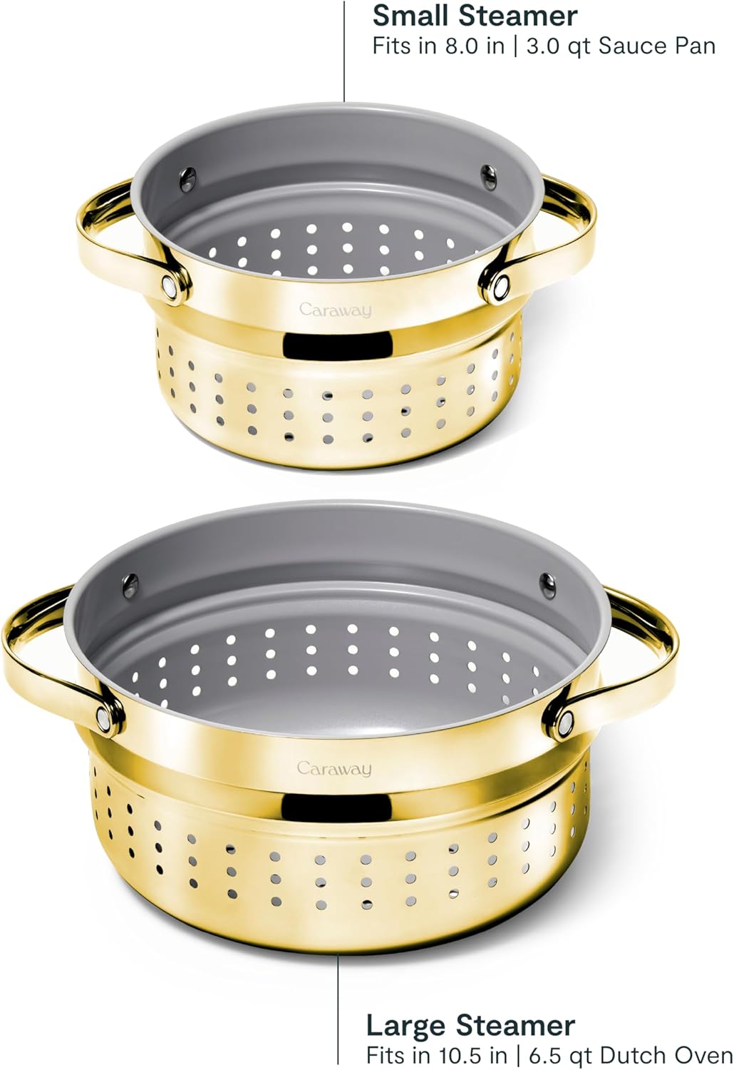 Caraway Steamer - Stainless Steel Steamer with Handles - Non Stick, Non Toxic Coating - Steam Veggies, Seafood, and More - Compatible With Our Dutch Oven or Sauce Pan - Large, 6.5qt - Gold