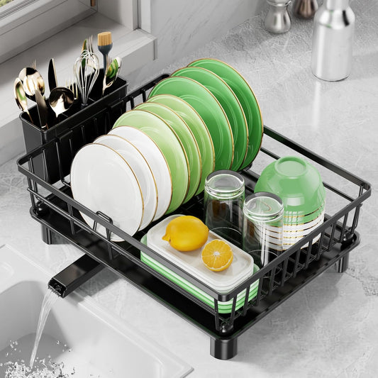Dish Drying Rack for Kitchen Counter, Stainless Steel Drainer Anti Rust, Smart Drainage System Drainboard with Detachable Cutlery Holder, Handwash Dish Helper for Home, Apartment Space Saving