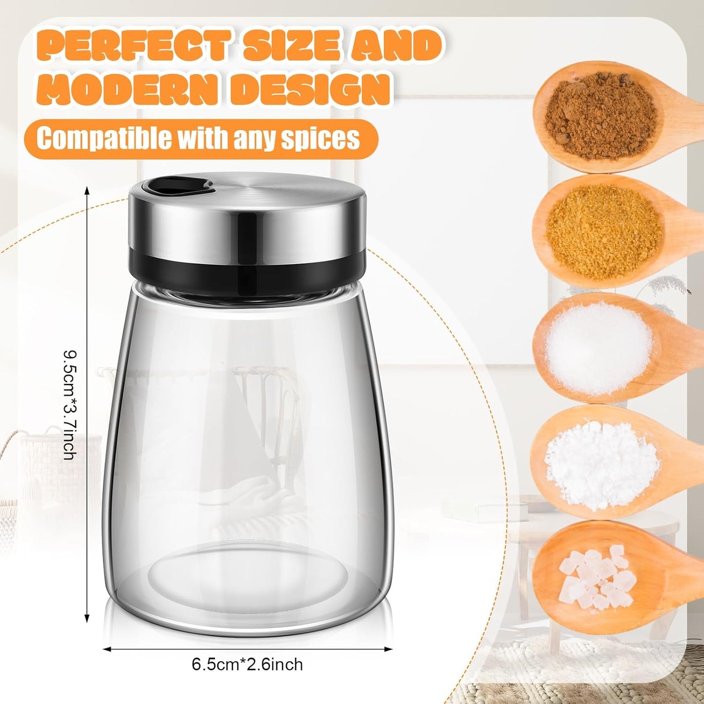 Zhehao 6 Pcs Salt Pepper Shakers Set with Adjustable Pour Holes Stainless Steel Spice Dispenser 6oz Clear Glass Seasoning Containers for Kitchen Restaurant Home BBQ Camping Farmhouse Accessories