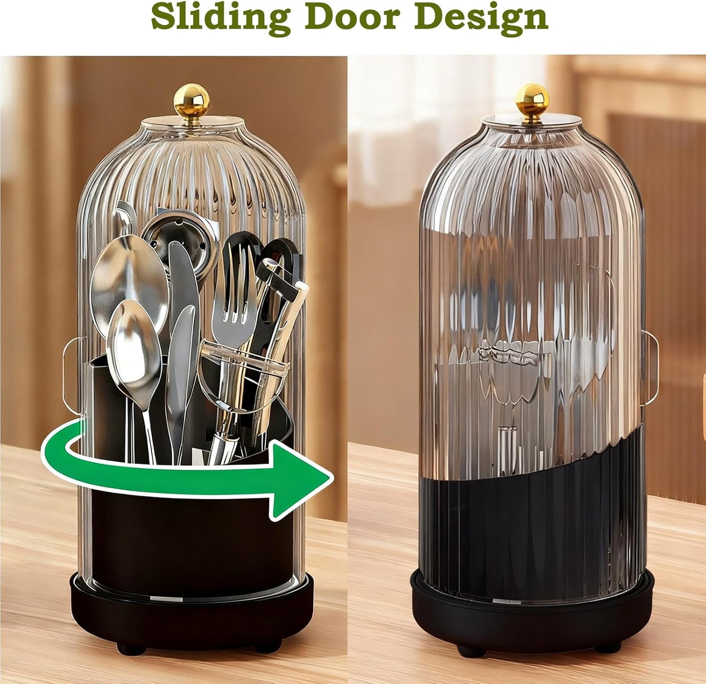 JEESA Utensil Holder with Lid, 360° Rotating Flatware Organizer for Cutlery Spoon Fork(H Less 8"), Silverware Caddy Organizer Drainage Dustproof Flatware Holder Kitchen Countertop Storage, Black