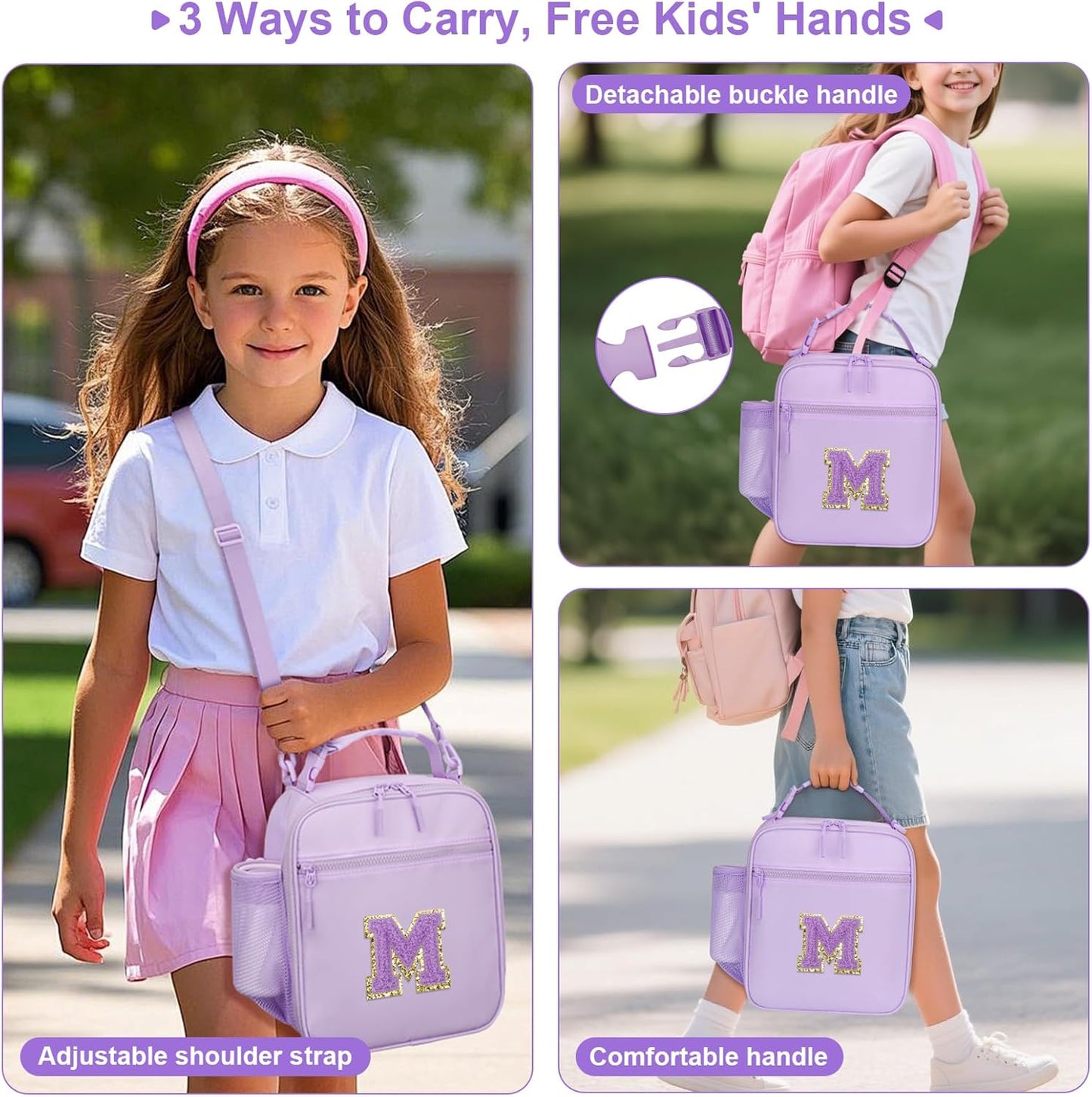 Initial Insulated Lunch Bag for Girls Kids, Back to School Gift, Reusable Leak-proof Lunch Box with Adjustable Strap for School Daycare Travel Picnic (Purple,M)