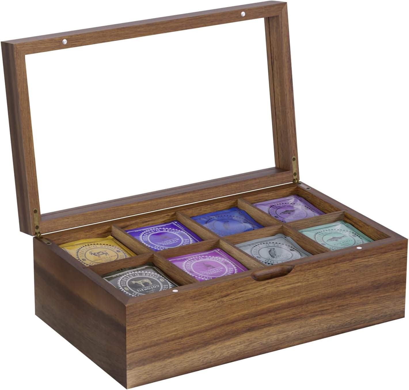 Acacia Wood Tea Bag Organizer, 8 Compartments Tea Box Organizer Storage Box, Teabag Holder Organizers with Clear Acrylic Window, Magnetic Lid and Removable Dividers