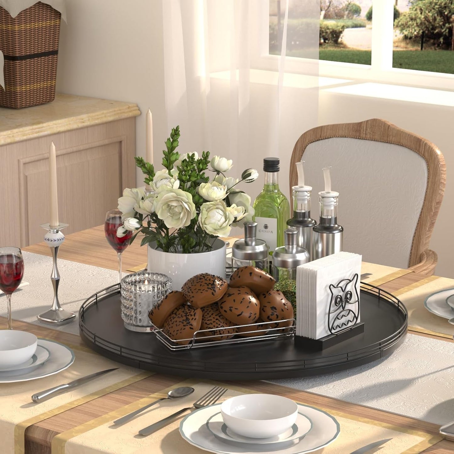 21" Oak Wooden Lazy Susan Turntable for Dining Table, Extra Large Round Lazy Susans Organizer for Kitchen Countertop Charcuterie Boards Cheese Board Organization and Storage Black Home Decor