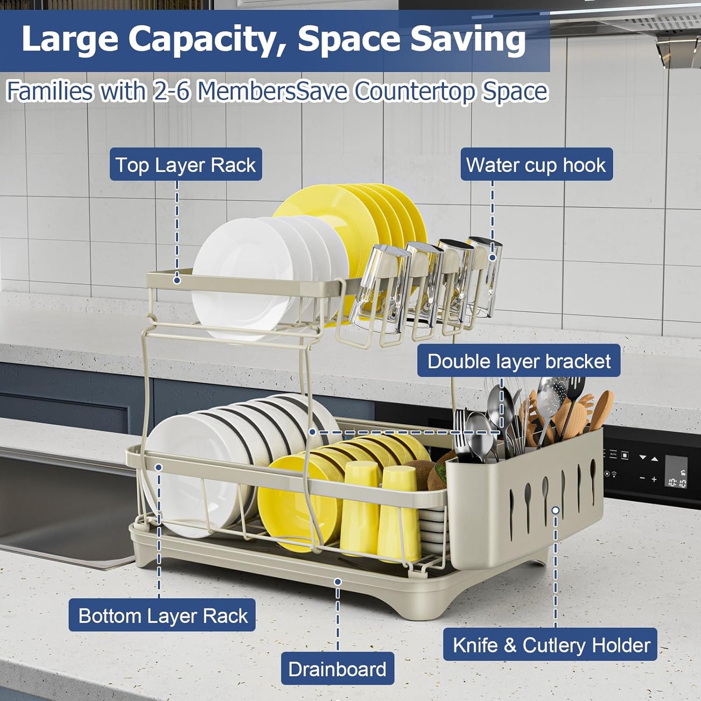 Dish Drying Rack 2-Tier Dish Racks for Kitchen Counter, Adjustable Spout Auto-Draining Dish Rack, Large Capacity for Plates, Bowls, Cups, Tableware, Dish Drainer with Drainboard,Grey