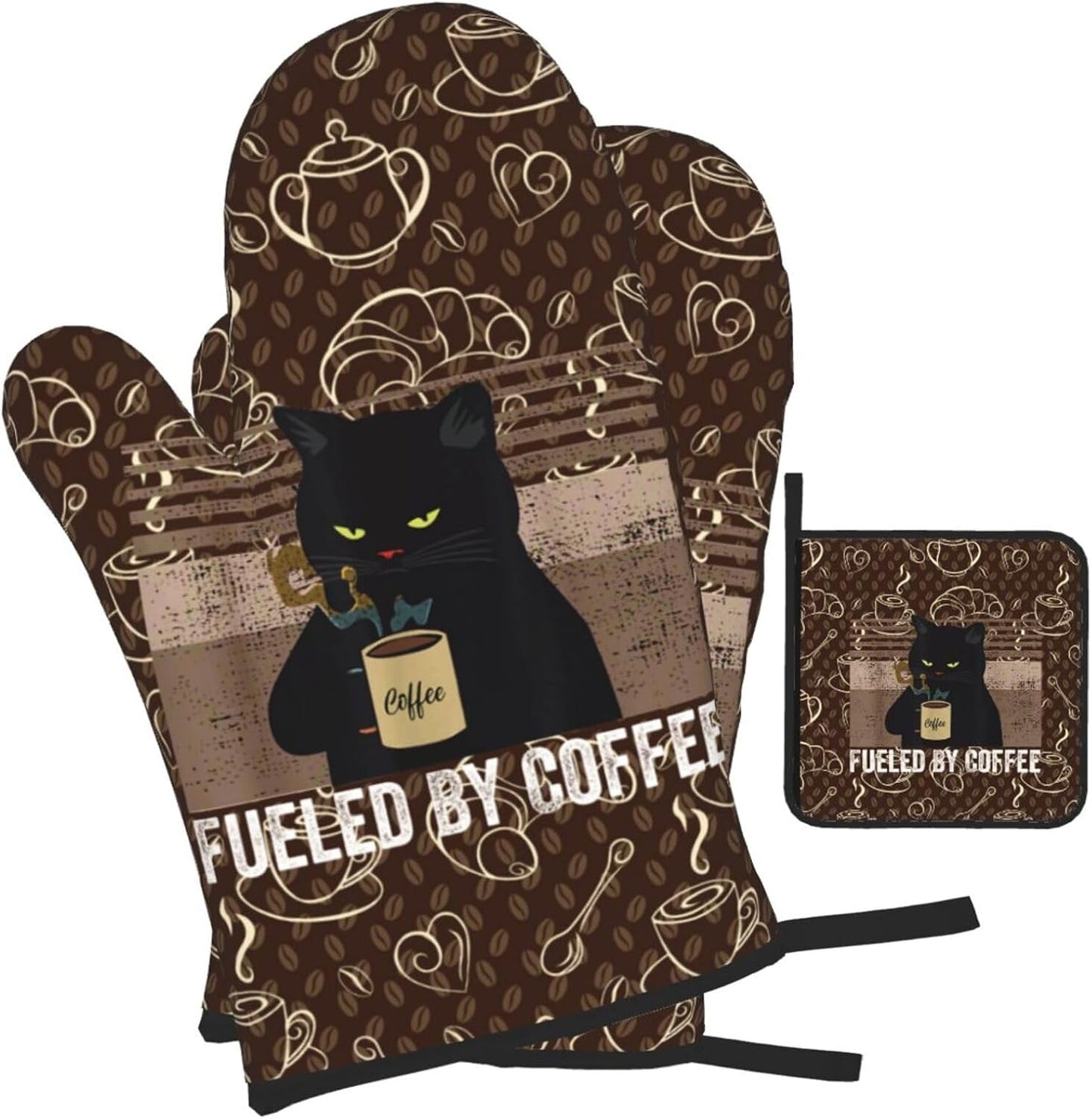 Vintage Cat Oven Mitts and Pot Holders Sets of 3 Retro Coffee Hot Pads Oven Gloves Heat Resistant Non Slip Washable for Kitchen Cooking Grilling Baking