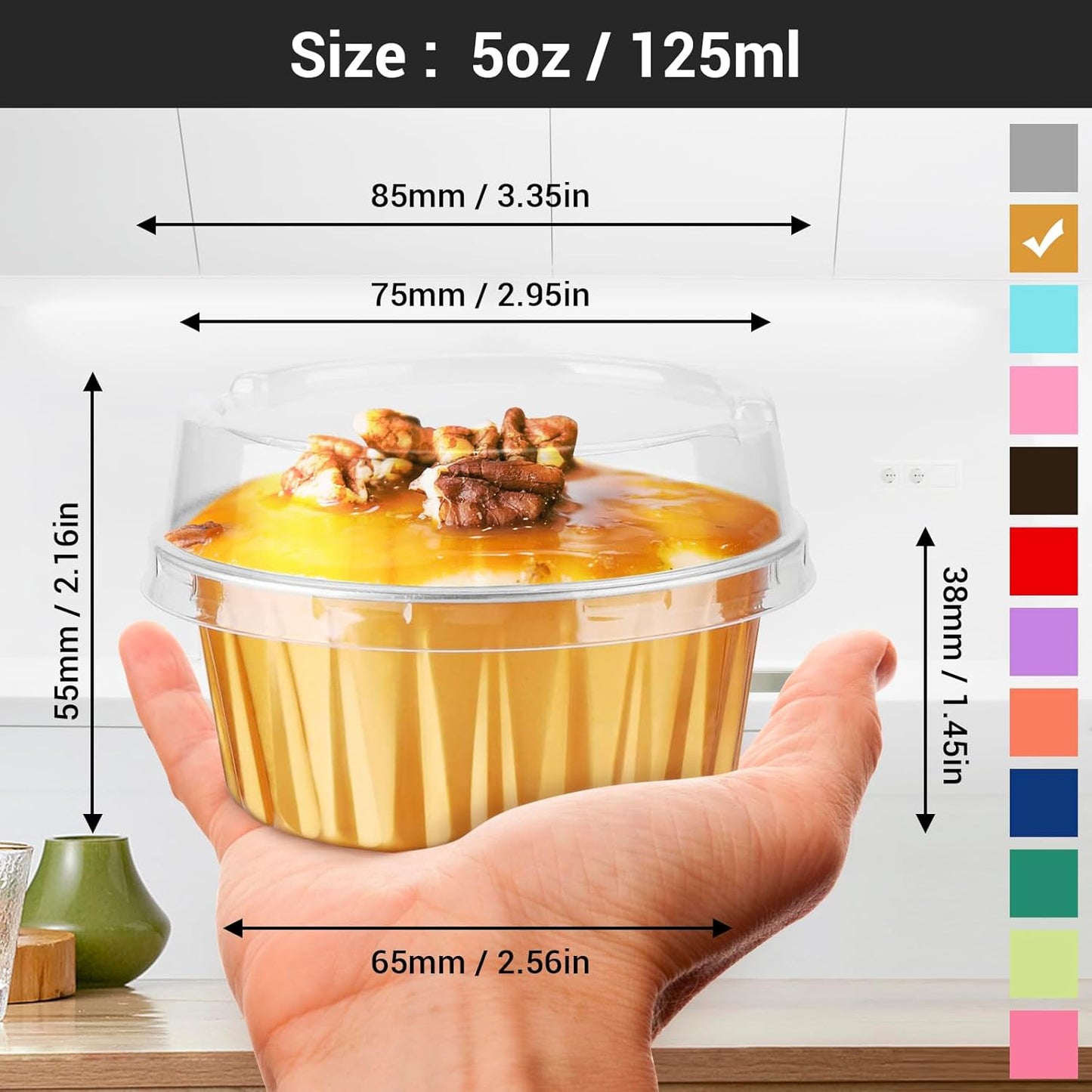 EUSOAR Disposable Ramekins Aluminum Foil, Gold 60Packs 5oz Baking Cups with Lids Mini Muffin Liners, Dessert Cheesecake Pan Creme Brulee Cupcake Containers for Catering Gathering Club Wedding Party