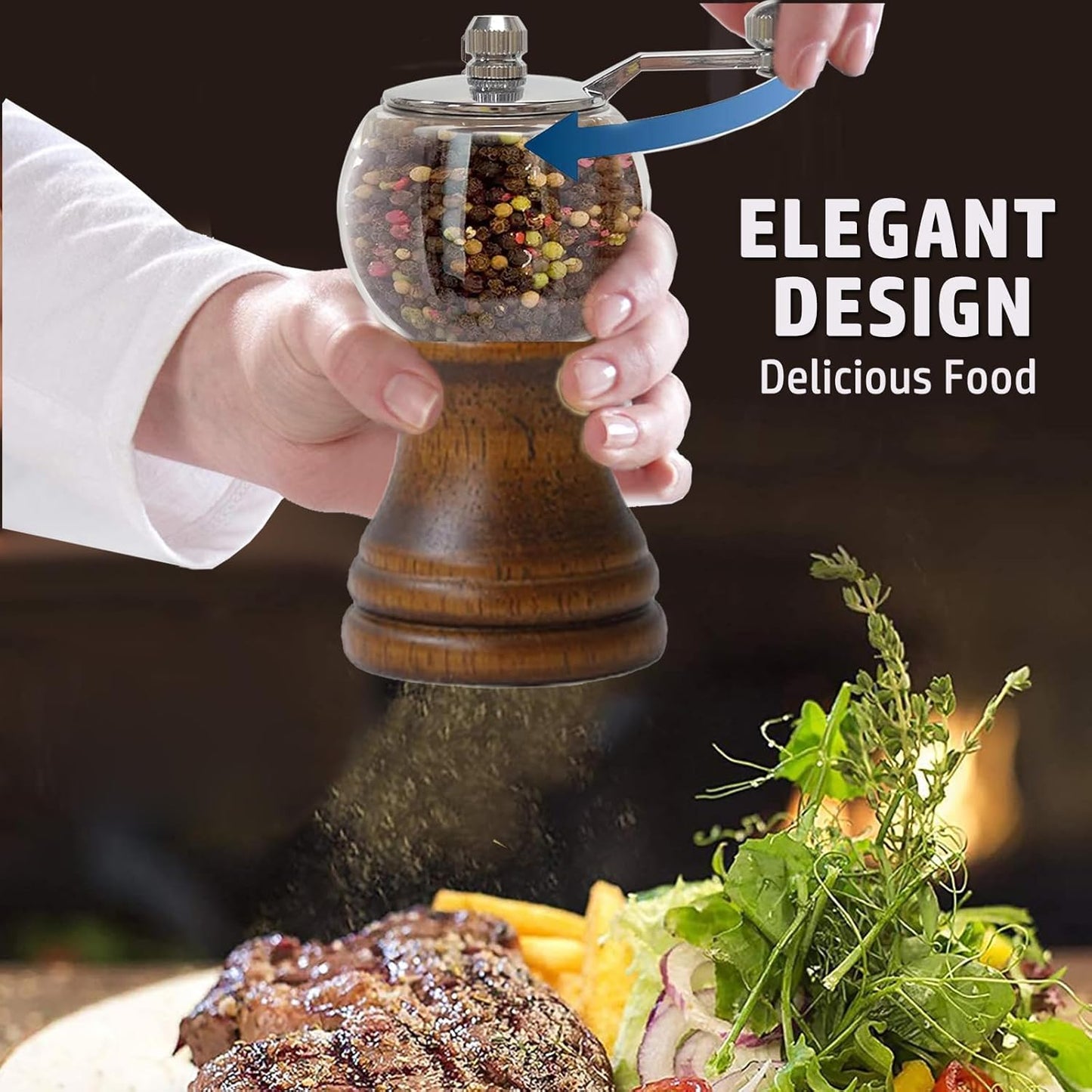 Pepper Mill Set, Manual Pepper Mills, Classical Hand Shake Wooden Pepper Grinder Set or Salt Grinder, Salt Mills Ceramic Blades Metal Handle, Enjoy Fresh Ground spices (Antique 1pcs-5in)