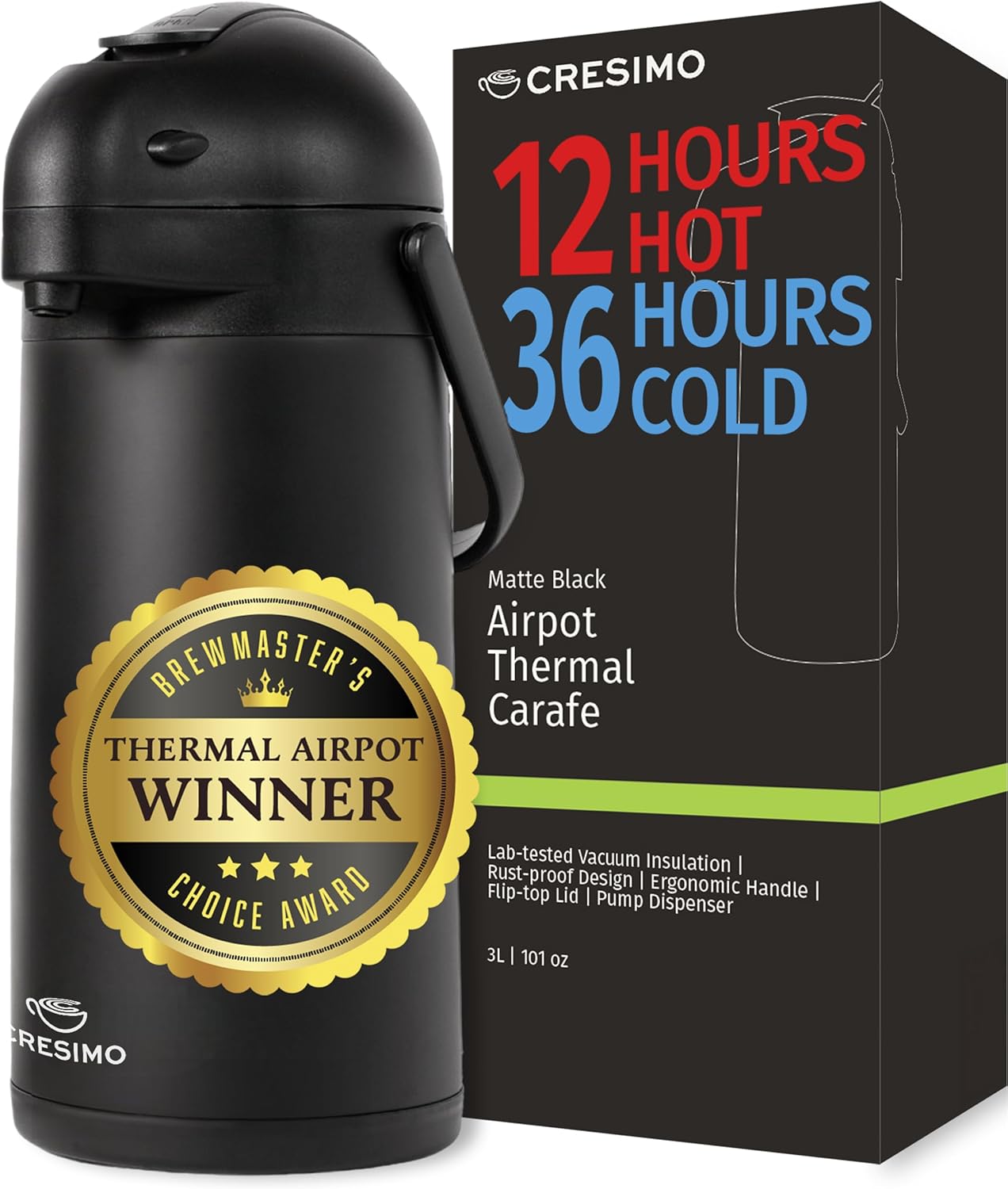 Airpot Coffee Dispenser With Pump, Black - 12 Hours Hot Water Dispenser with Pump, 36 Hours Cold - Coffee Thermal Carafe for Hot Drinks, Tea Flask for Beverages -Large Carafe w/ One-Handed Dispensing
