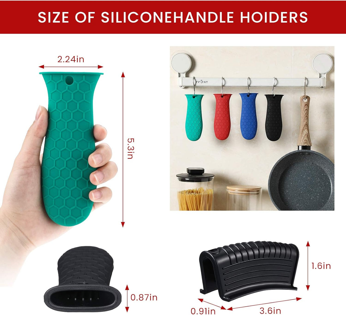 Patelai 8 Pcs Silicone Pot Holders Set Cast Iron Handle Cover Heat Resistant Pot Handle Covers Potholder Non Slip Reusable Pan Sleeve for Frying Pan Kitchen Supplies(Blue, Red, Green, Black)