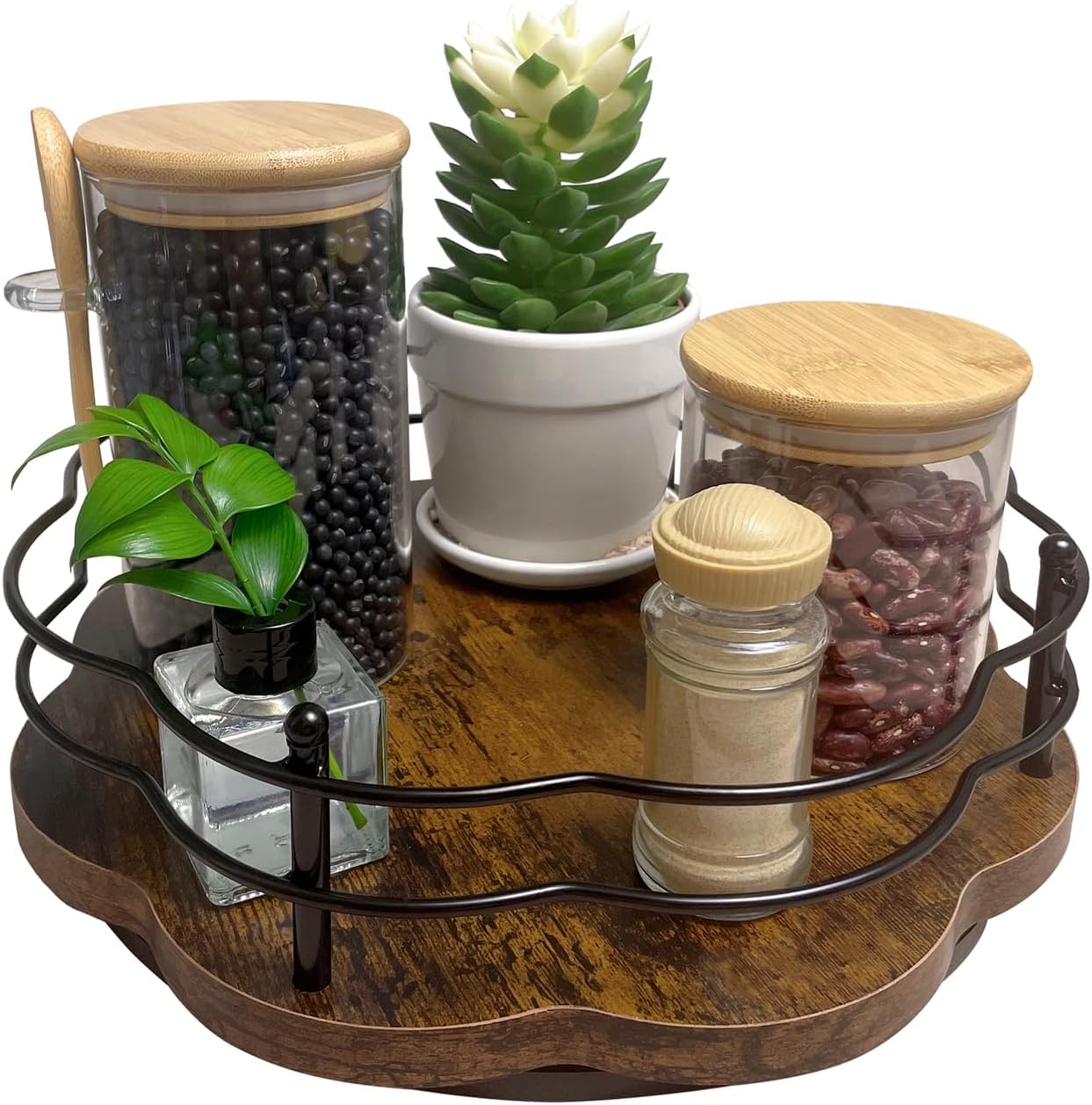 13" Lazy Susan Turntable Organizer with Higher Metal Sides, 360° Rotating Wooden Lazy Susan Organization and Storage for Cabinet,Kitchen,Countertop,Table Top,Dining Table,Coffee Bar Decor