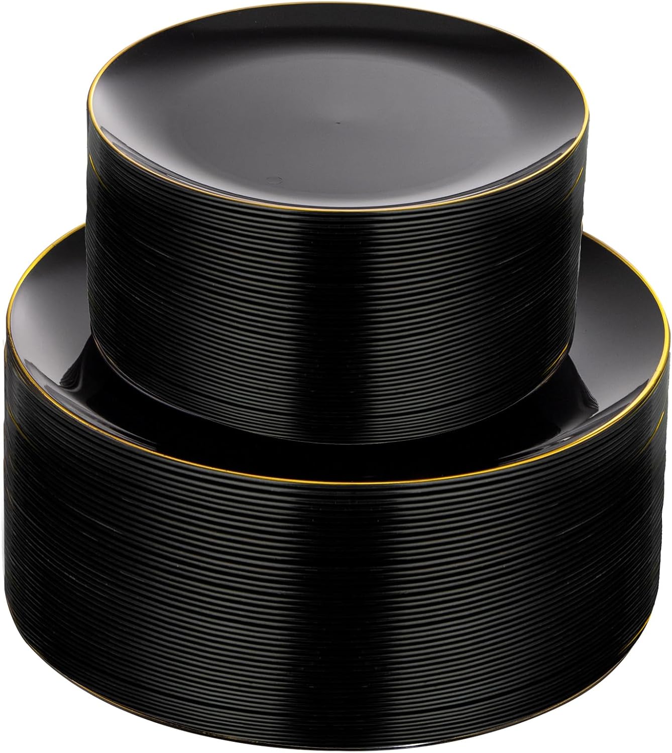 KIRE 100PCS Black and Gold Plates - Black Plastic Plates Disposable with Gold Rim for Party/Wedding/Graduation Include 50Pcs 10.25inch for Dinner and 50Pcs 7.5inch for Dessert/Salad