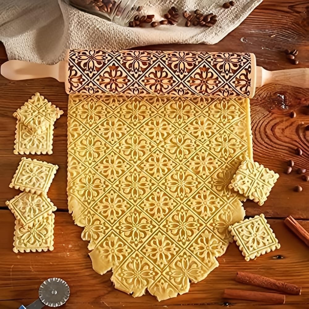 Christmas Wooden Rolling Pin for Baking Engraved Embossing Rolling Pin Cookie Stamps Roller Square Grid Cookies Mold Kitchen Decor Tools for Baking Embossed Cookies (Flower Window)
