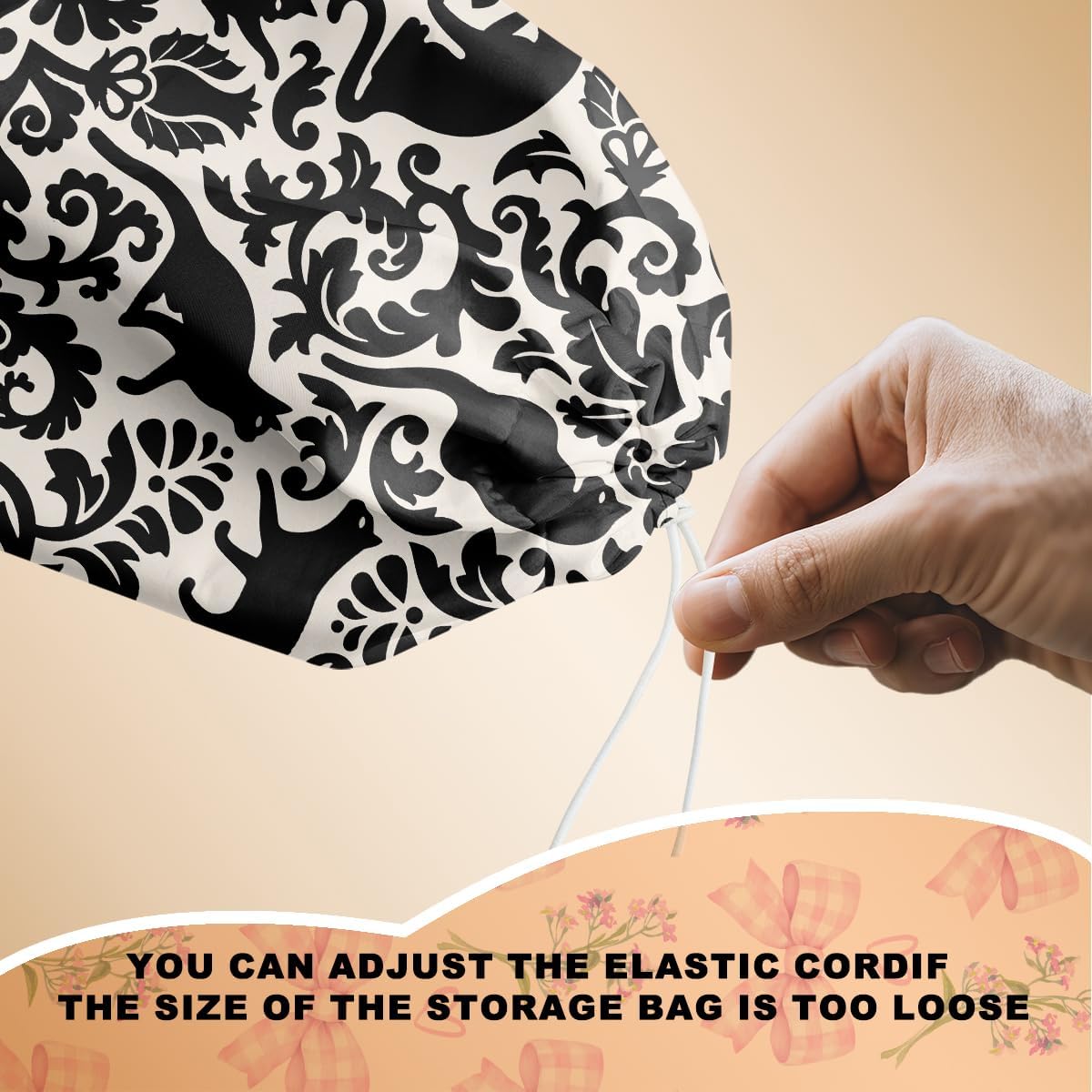 2Pcs Black White Floral Cat Plastic Bag Holder, Wall Mount Grocery Bag Holder for Plastic Bags, Mysterious Cats Reusable Grocery Bags Storage Dispenser for Home Kitchen Decor, Cat Lover Gifts