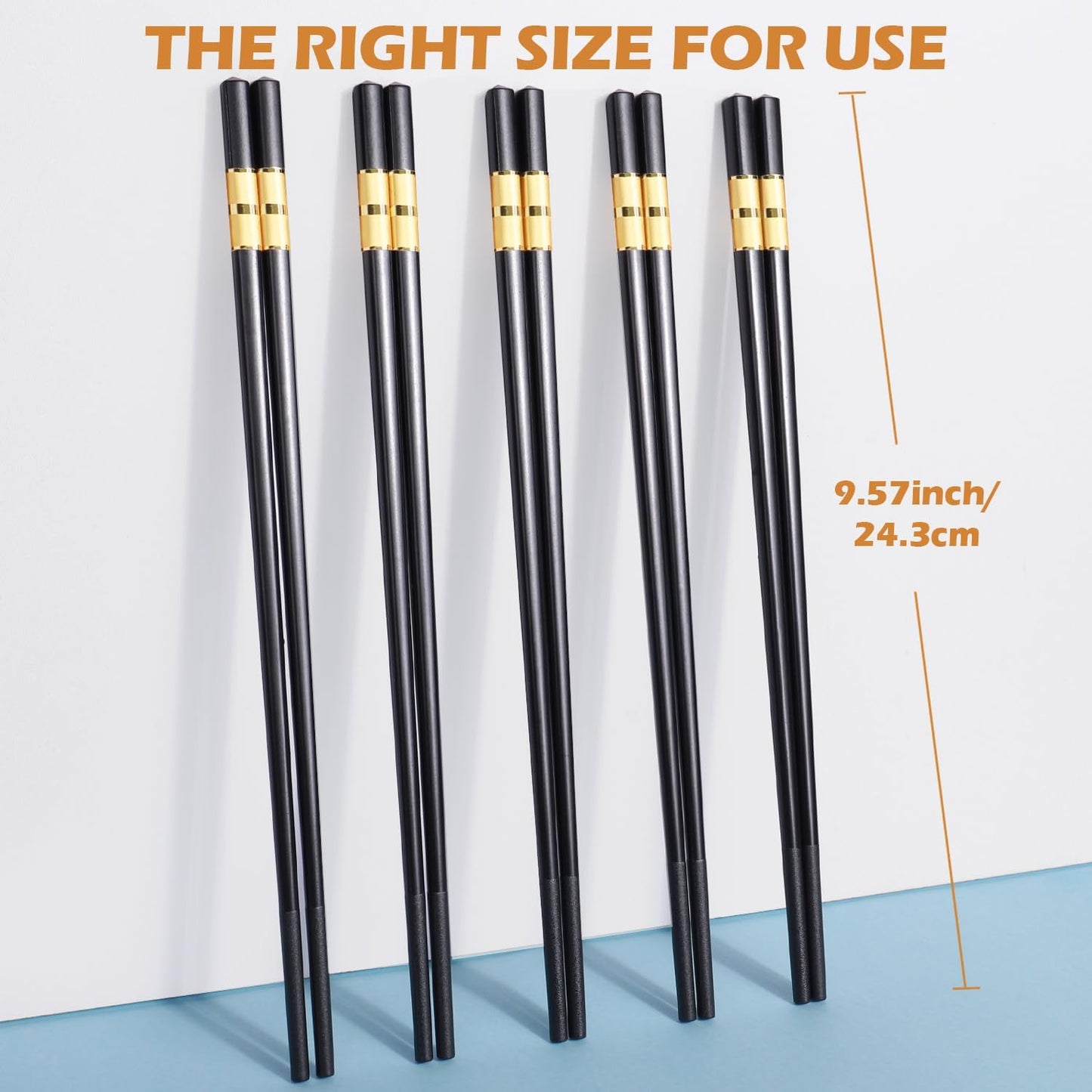 GLAMFIELDS 5 Pairs Premium Chopsticks Reusable Dishwasher Safe 9.5 Inch Fiberglass Chop Sticks Gift Set Non Slip Black+Gold