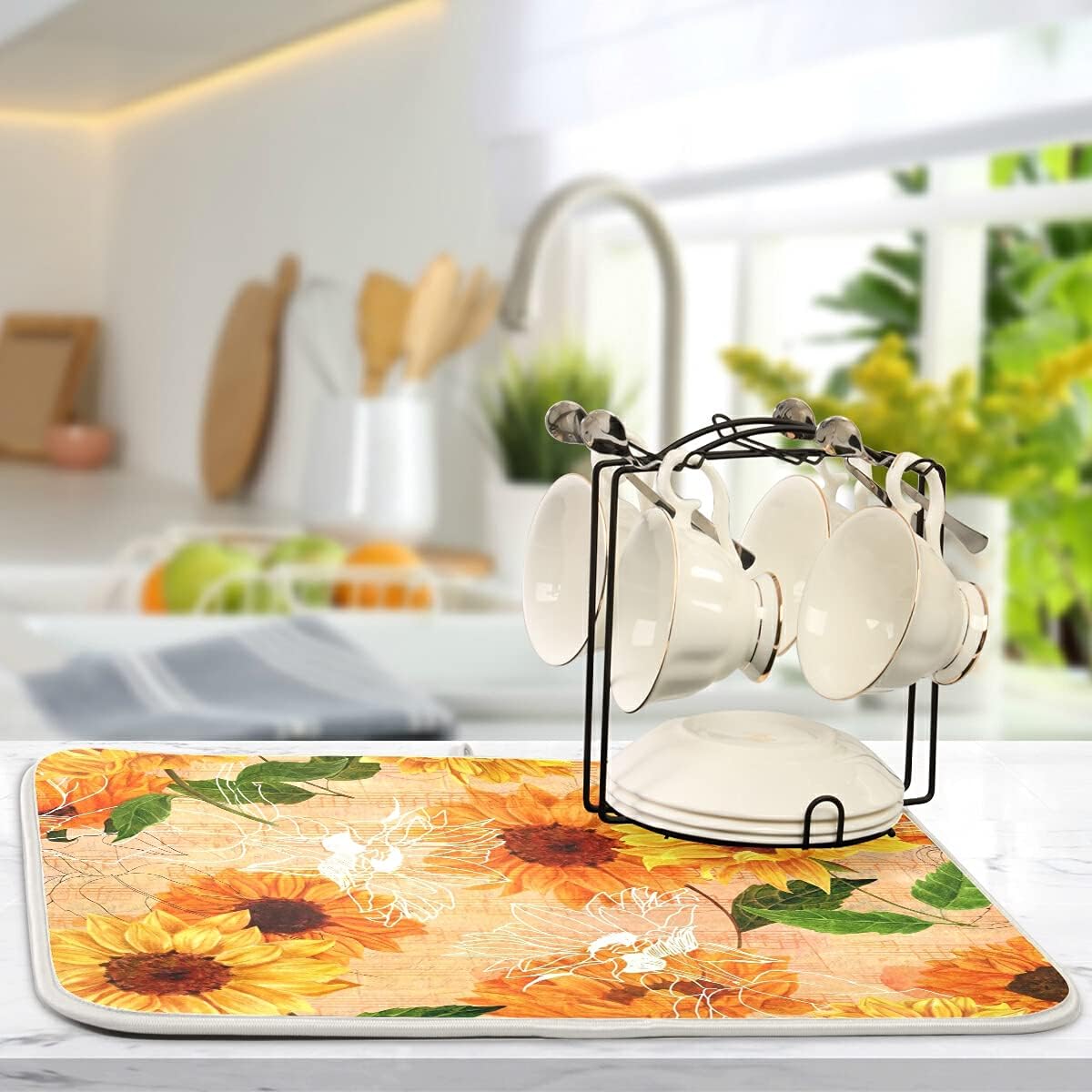 Super Absorbent Dish Drying Mat, Microfiber Fast-Drying Dish Mat, 16" x 18", Kitchen Dish Drying Pad, Watercolor Sunflowers