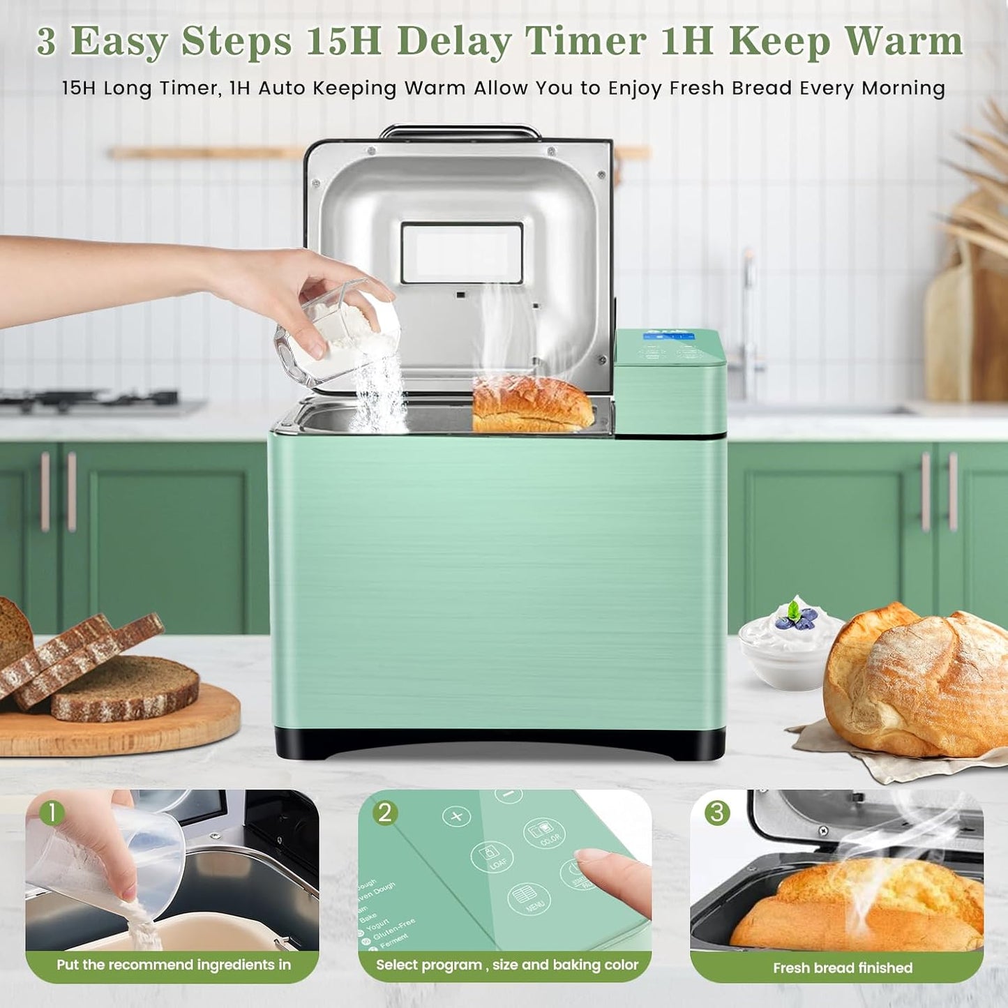 KBS 710W Convection Bread Maker Dual Heaters,2.2LB Bread Machine with Healthy Ceramic Pan&Auto Fruit Dispenser,17-in-1 Bread Maker Machine Gluten Free,Stainless Steel 15H Timer&Keep Warm, Touch Panel