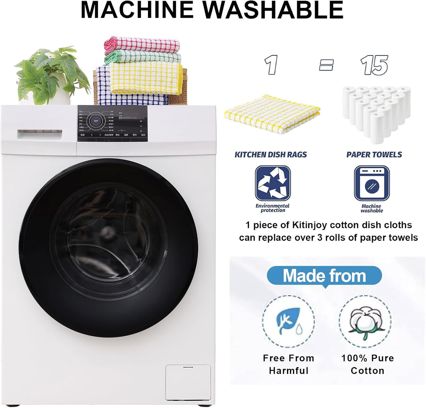 Kitinjoy Cotton 16 Pack Terry Kitchen Dish Cloths, 12 x 12 Inches Super Soft and Absorbent Dish Rags, Quick Drying Dish Towels for Washing Dishes, Mixed Color