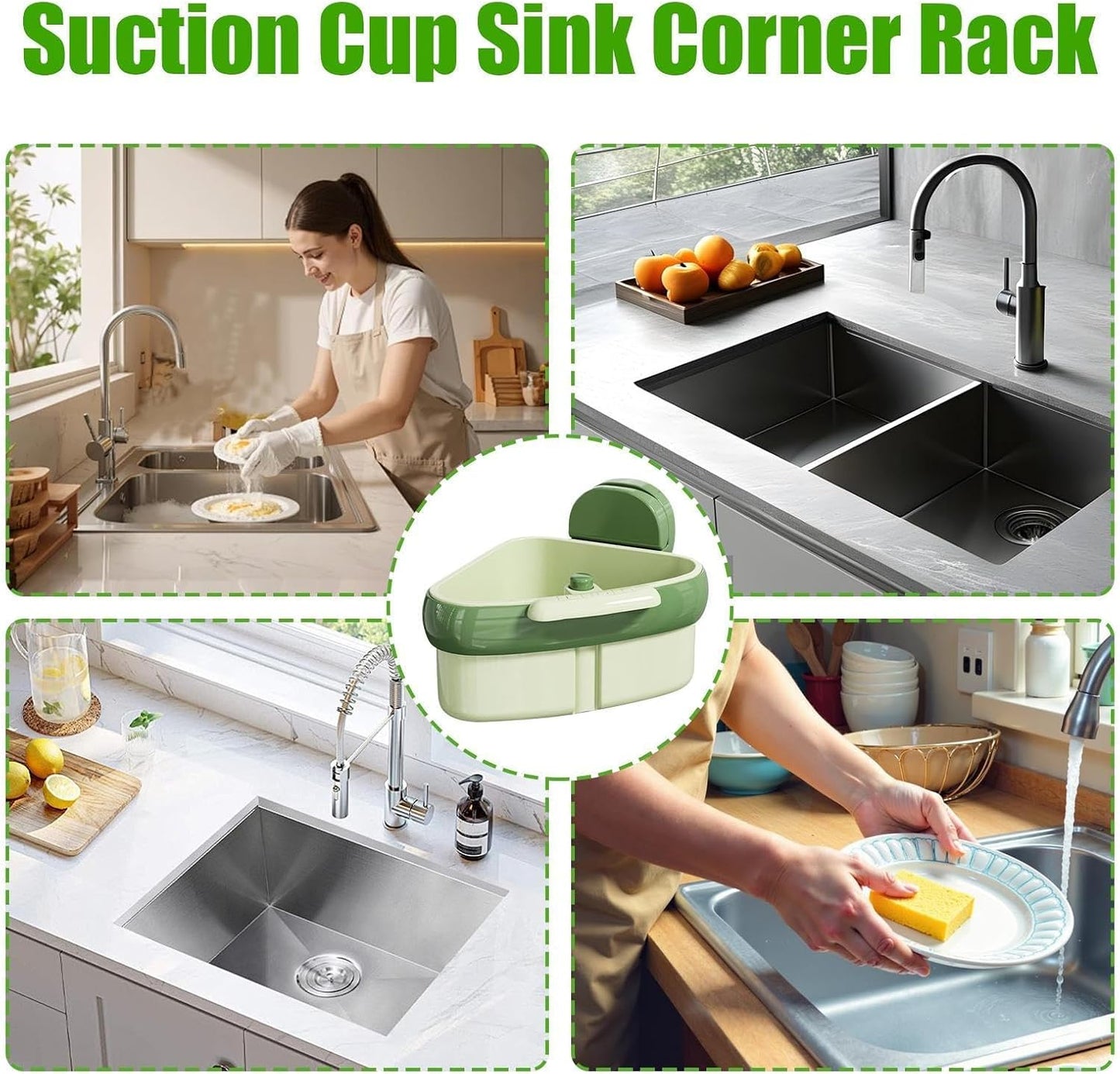 Corner Sink Strainer,2025 New Suction Cup Press Sink Strainer Basket,Automatic Dumping food Waste Catcher for Sink,Faucet Sponge Storage Rack,Corner Sink Trash Catcher for Food Waste (Green 1PCS)