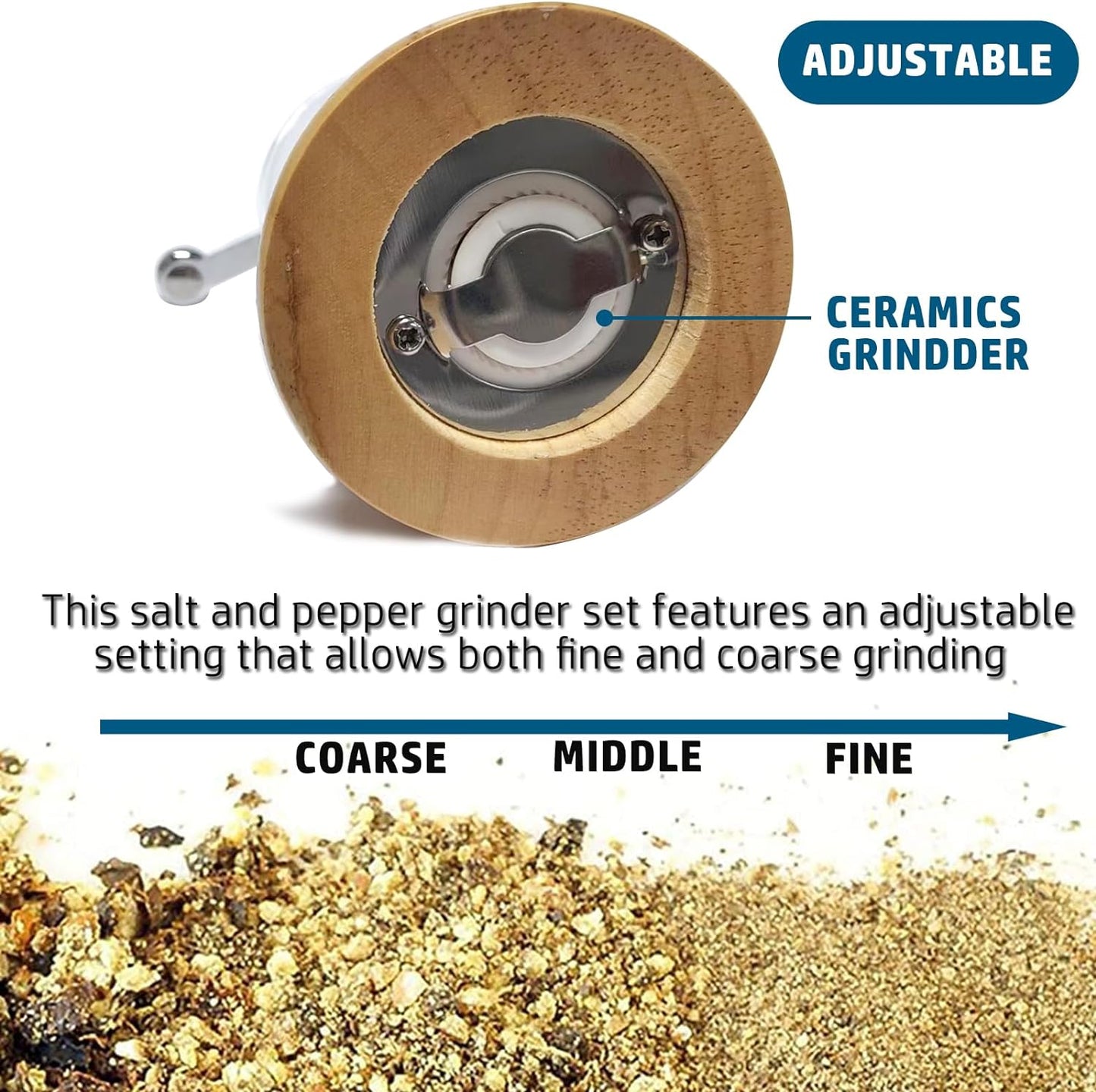 Salt and Pepper Grinder Set 2pcs-6in Pepper Mills Classical Roast Black Wooden Manual Pepper Grinder Set Metal Hand Shake Sea Salt Mill, Ceramic Core Grinding Fresh Ground Pepper Sea Salts