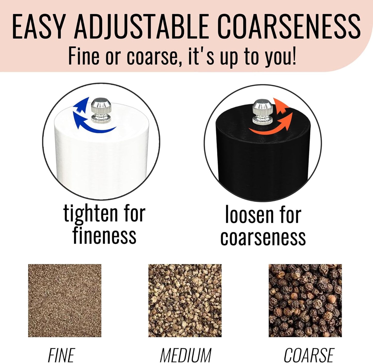 Manual Salt and Pepper Grinder Set of 2 | Large Round Salt and Pepper Shakers Set | 7.5 inch Stainless Steel Salt Grinder Refillable | Pepper Grinder Manual | Black & White