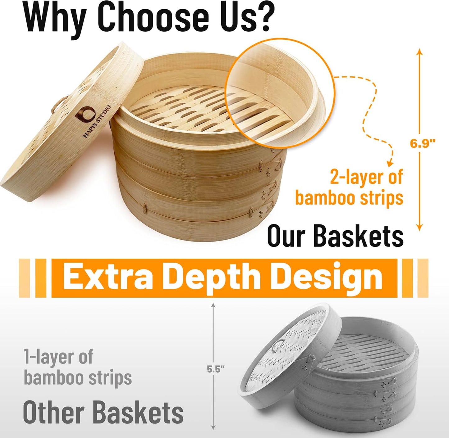 Bamboo Steamer Basket - 10 Inch 2-Tier Bamboo Dumpling Steamer for Cooking Dim Sum, Momo, Rice - Bao Bun - Natural Chinese Steam Baskets with Stainless Steel Ring Set