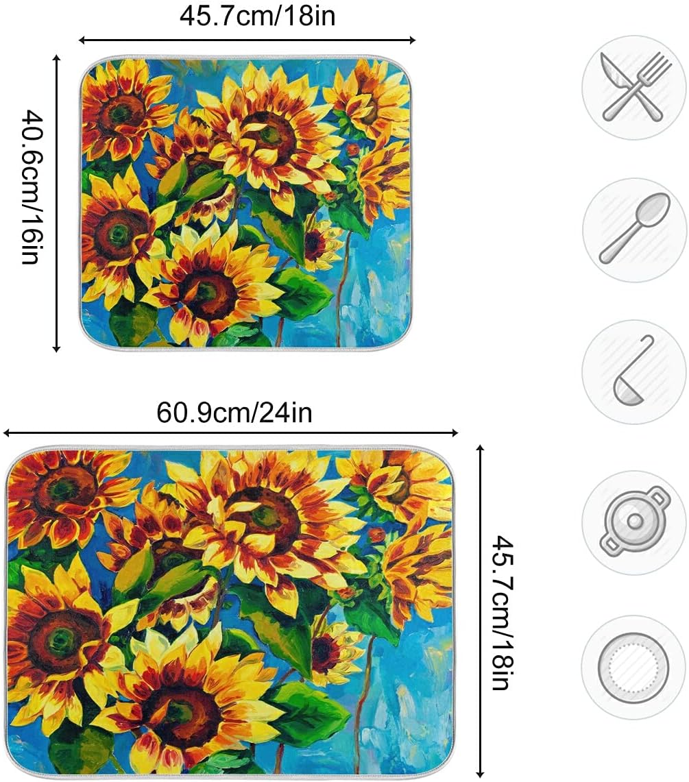 Super Absorbent Dish Drying Mat, Microfiber Fast-Drying Dish Mat, 16" x 18", Kitchen Dish Drying Pad, Sunflowers