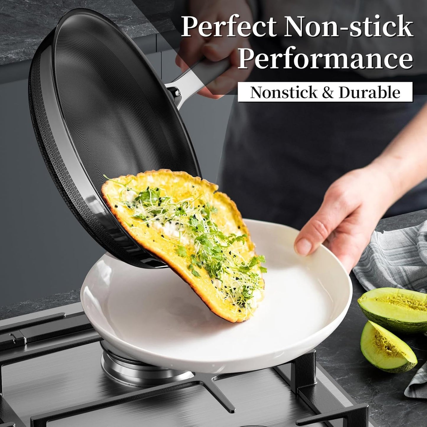8 Inch Nonstick Titanium Ceramic Frying Pan Tri-Ply Stainless Steel Frying Pan Skillet Kitchen Cooking Pan Compatible with All Cooktops Dishwasher and Oven Safe PFOA Free