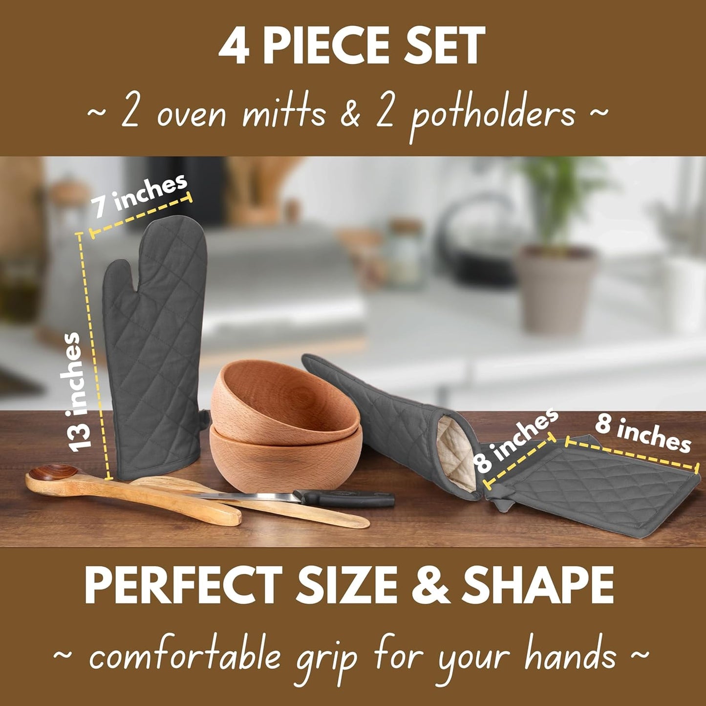 Native Fab Farmhouse Oven Mitts and Pot Holders Set of 4, Heat Resistant Non-Slip Machine Washable, 100% Cotton Kitchen Pot Holders Oven Mitts Sets Grey