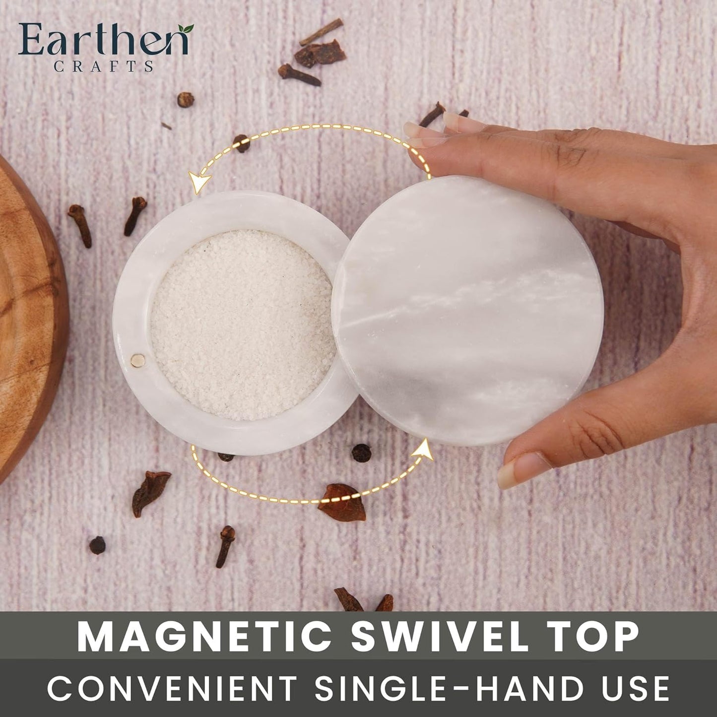 Marble Salt Cellar With Lid 3" Inch Salt Holder - White Salt Container with Magnetic Lock for Kitchen Counter, Salt & Spice Storage, Seasoning Jars for Table