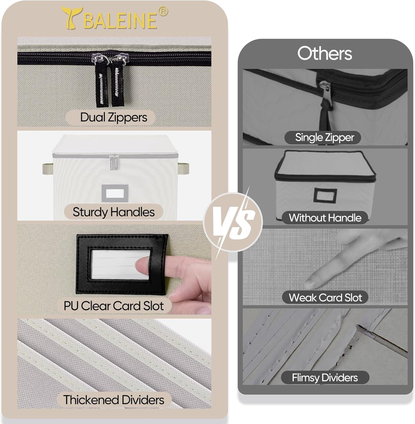 BALEINE China Storage Containers, Sturdy Quilted Wine Glass Storage, Plate Organizer with Carry Handles, Moving Boxes for Dishes, Cups, Mugs and Stemware (Champagne Flute, Hard Shell Cream)