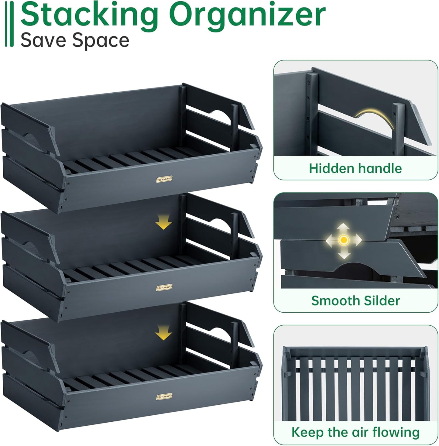 HABAU Wood Potato Onion Storage Bins - Wooden Stackable Produce Basket - Fruit Vegetable Storage for Kitchen Pantry Organization, Set 3 Pieces