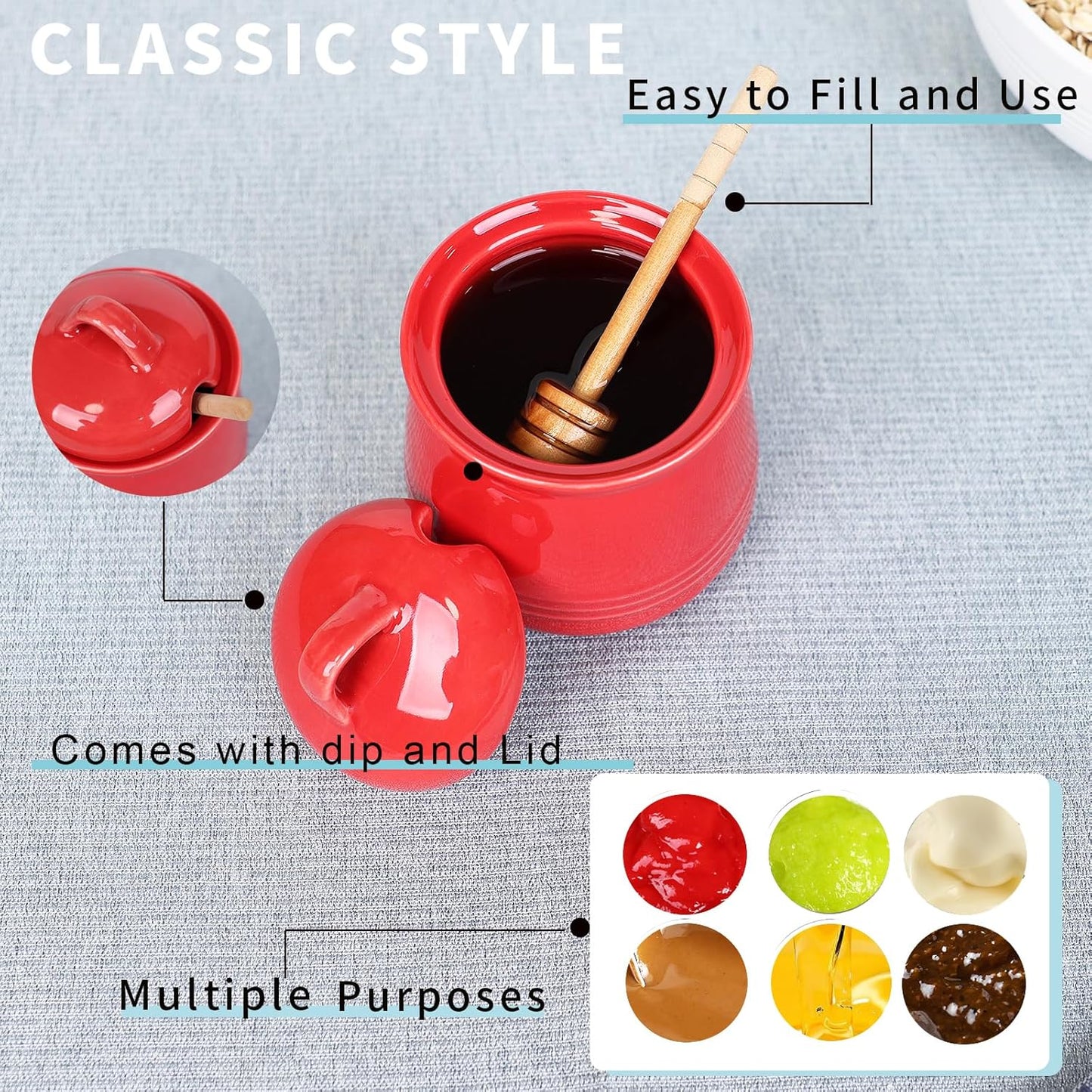 HAOTOP Ceramic Honey pot with Lid and Honey Dipper,Porcelain Honey Jar Easy to Clean and Dishwasher Safe,12oz (Red)