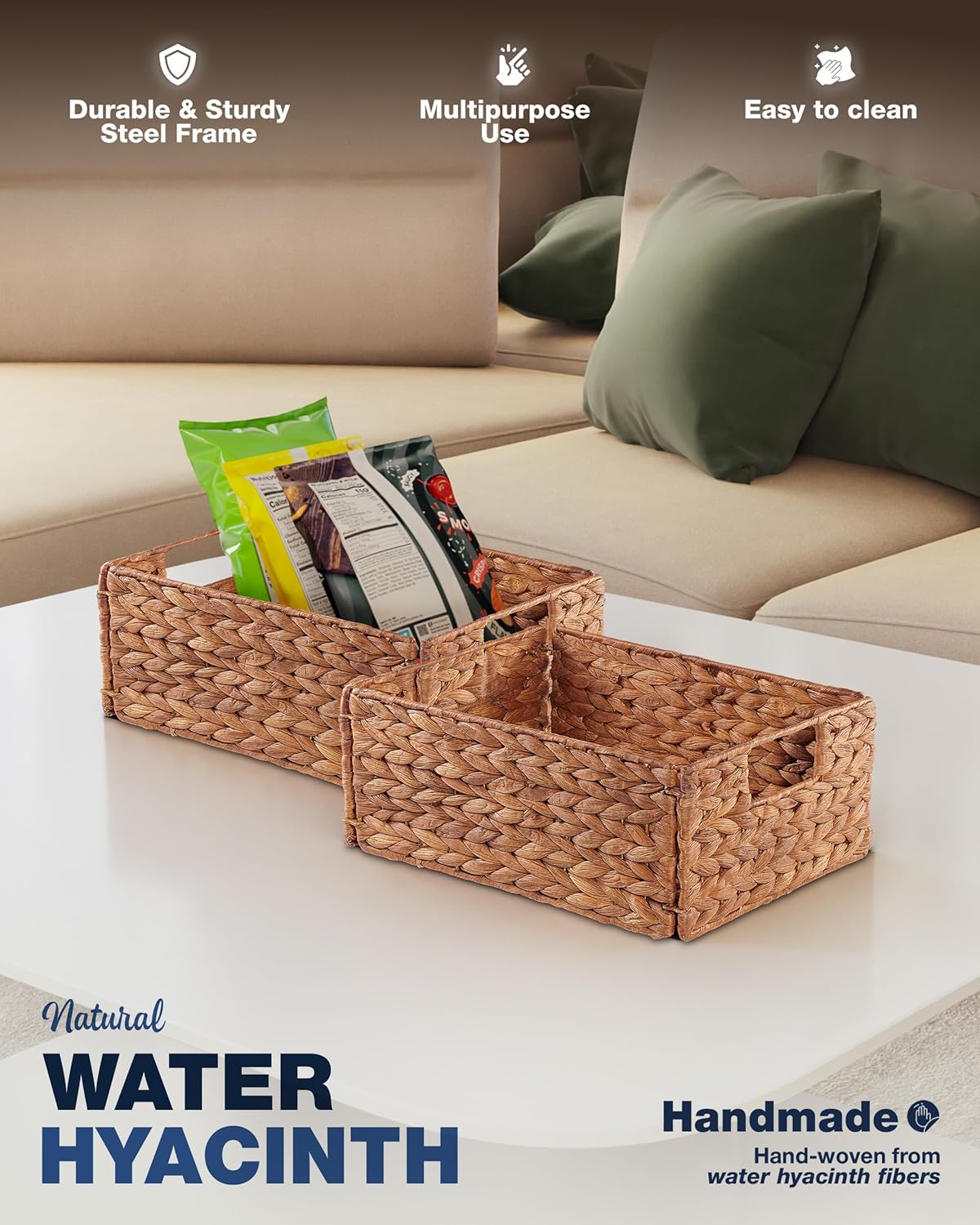 BLUEWEST Wicker Storage Baskets Pack 6, Woven Baskets for Storage, Laundry Water Hyacinth Basket for Organizing with Carrying Handles, Rattan Baskets (Brown, Rectangular)