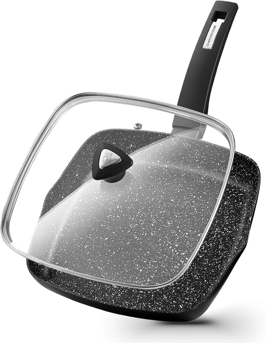 KOCH SYSTEME CS Nonstick Grill Pan 11 Inch, Marble Coating Square Grill Pan with Lid, Ultimate Nonstick Square Skillet with Bakelite Handle, Compatible with All Stovetops, Toxic-Free, 11 Inch