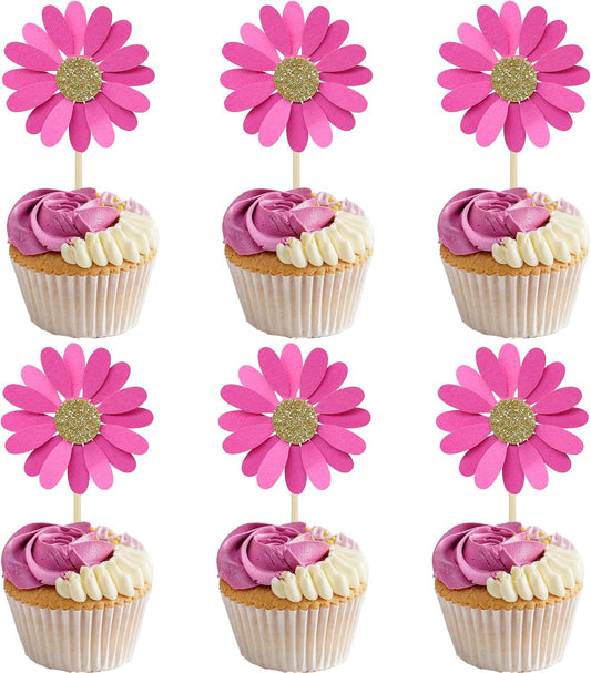 24Pcs Daisy Cupcake Toppers Flower Cake Topper Decorations Daisy Cake Decorations Chrysanthemum Cupcake Toppers Spring Daisy Flower Cake Picks for Birthday Wedding Supplies Rose Red