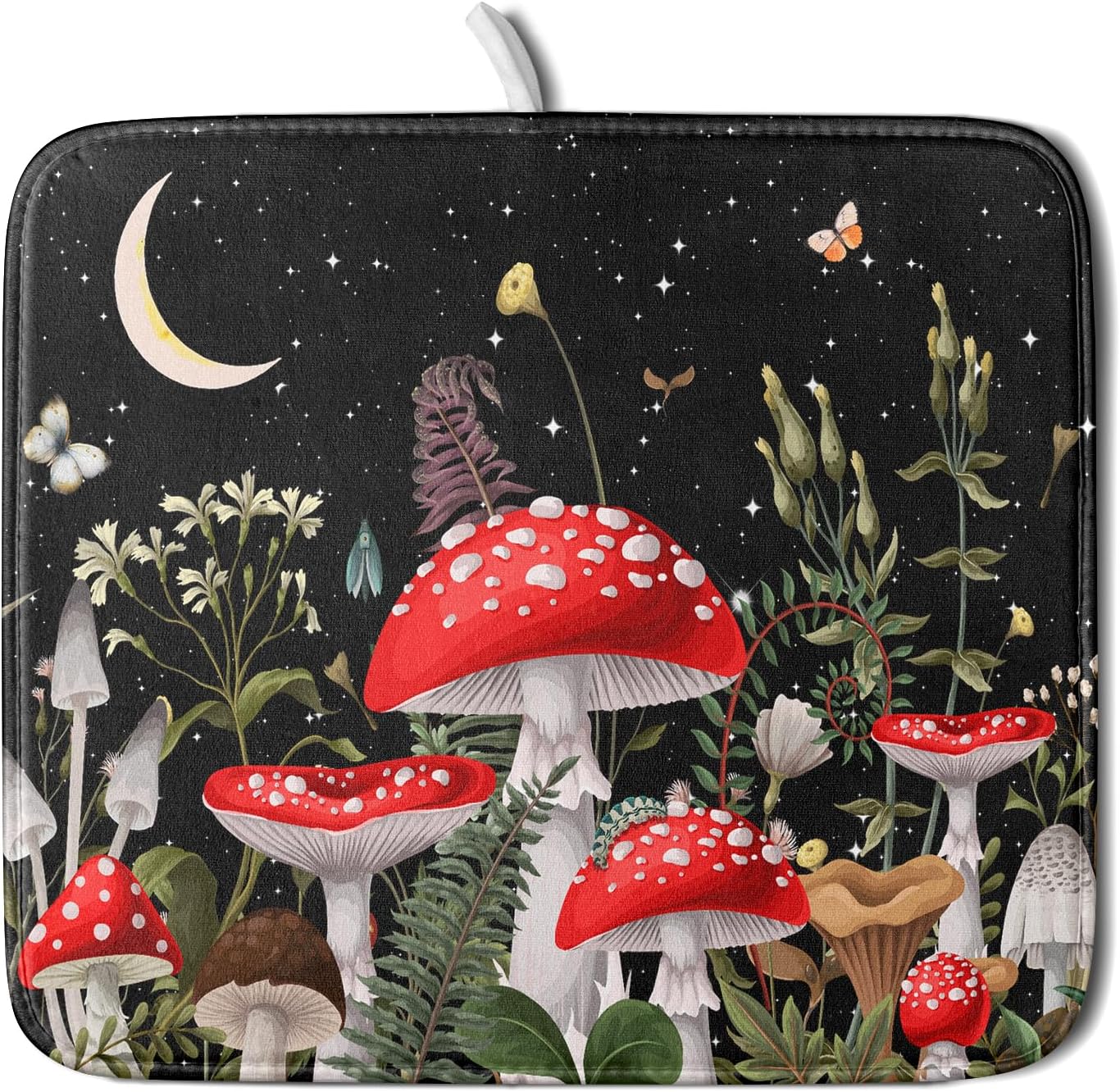 Red Mushroom Dish Drying Mat for Kitchen Counter Plant Leaves Drainer Mats Rack Holder Countertop Absorbent Microfiber Coffee Pads 16x18 Inch