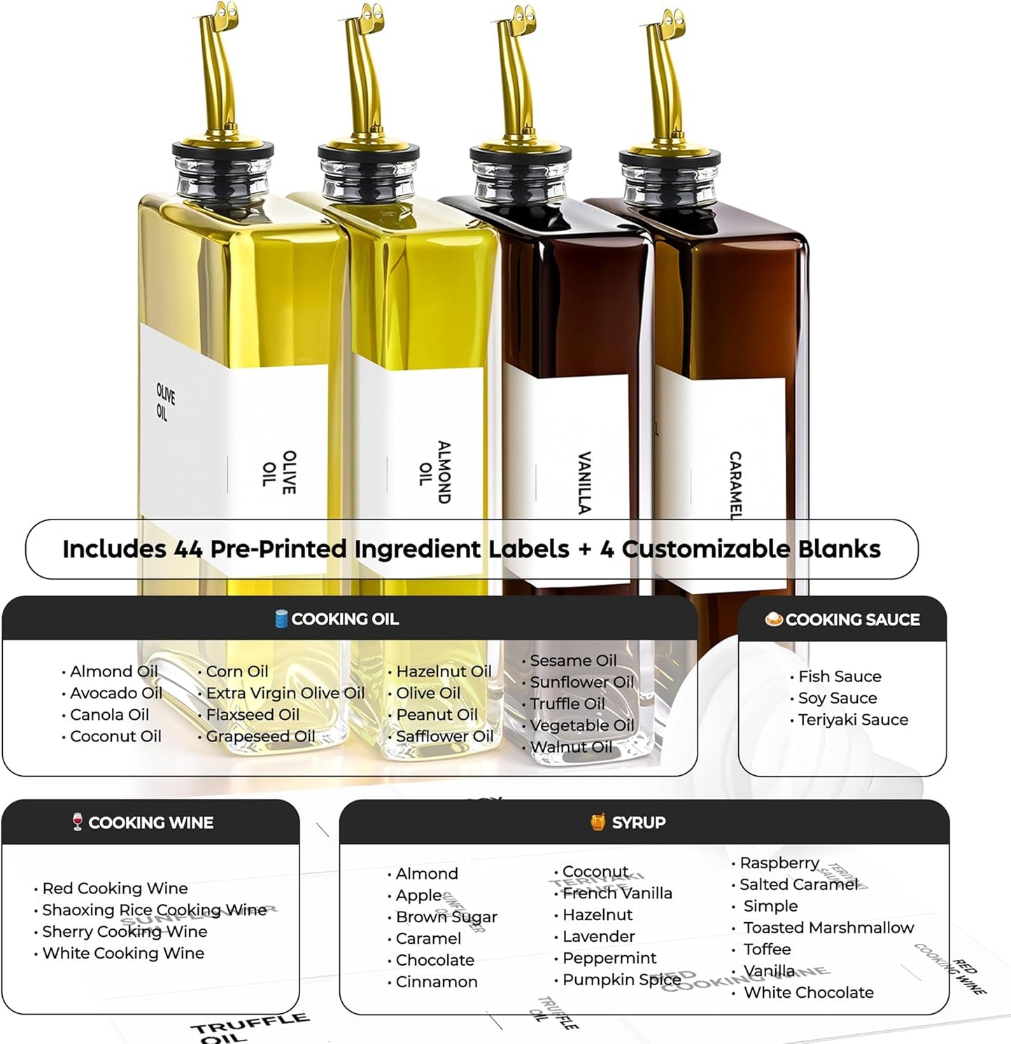 Olive Oil Dispenser Bottle - Includes 44 Kitchen Essential Labels - Cooking Oil Bottles for Kitchen, Coffee Syrup Dispenser - Pourer Spout with 11.8 fl oz Glass Container Cruet - 4pcs, Gold