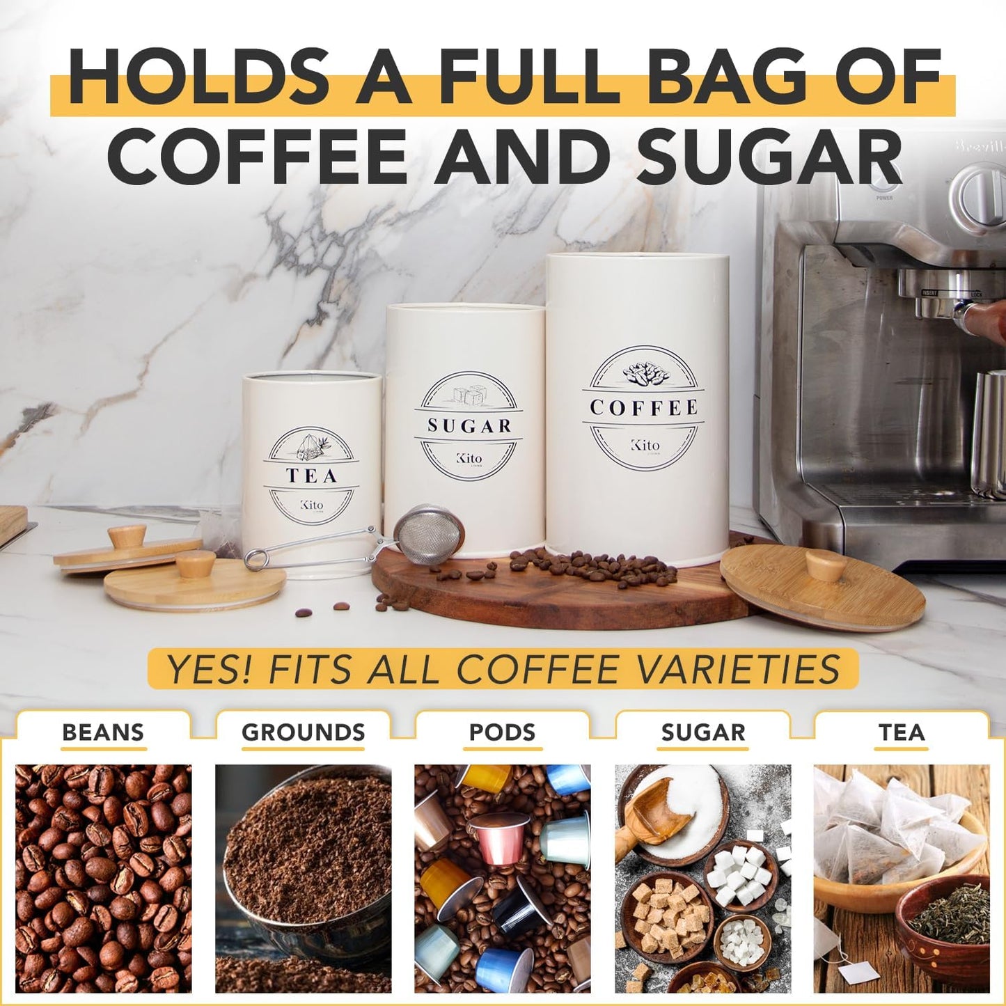 Canisters Sets for Kitchen Counter Storage and Organization with Wooden Bamboo Lids, Food Pantry Containers, Stackable Steel Storage Bins, Airtight Sugar Tea Coffee Canisters - Cream