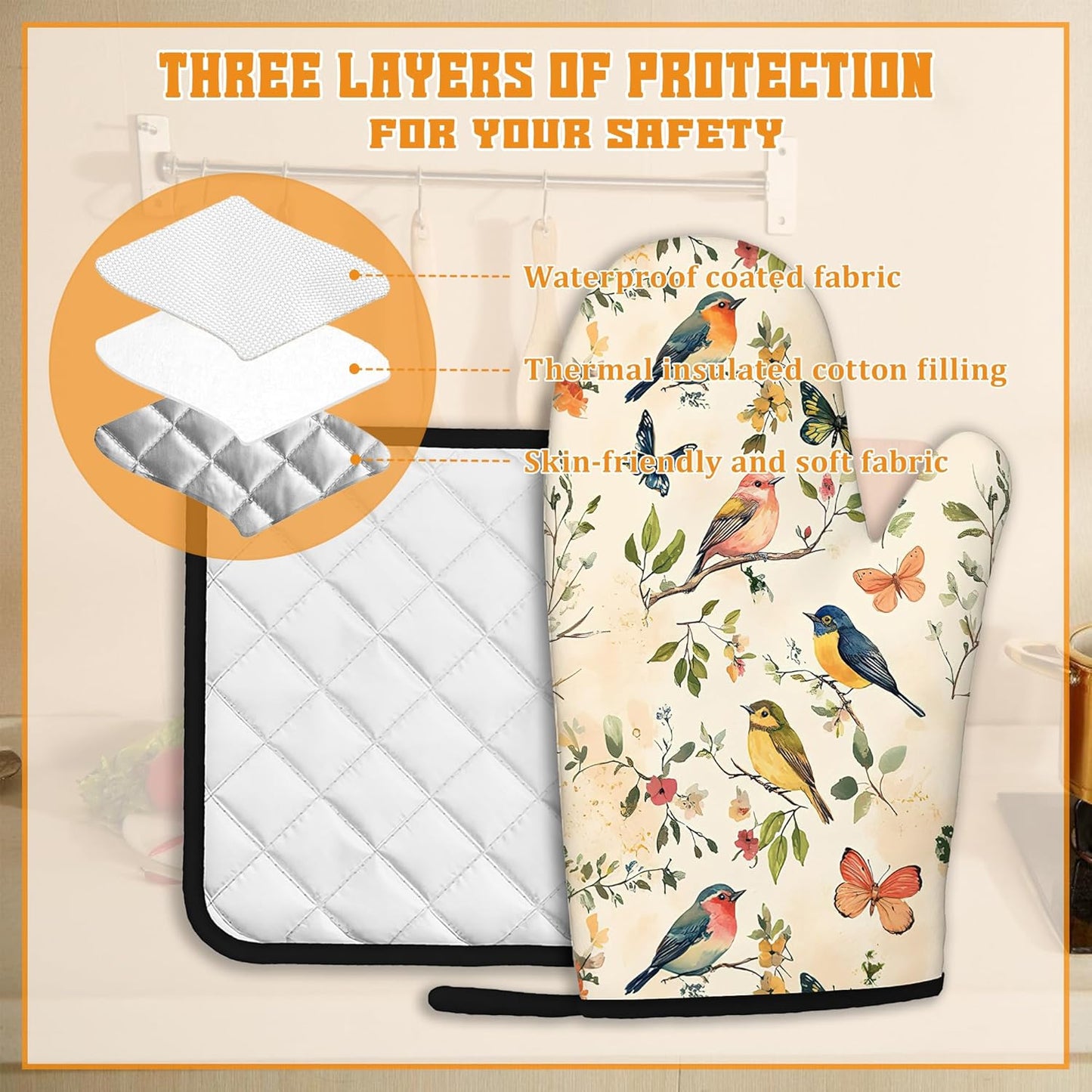 Vintage Butterfly Bird Oven Mitts and Pot Holders Set,Floral Flower Kitchen Oven Gloves and Pot Holder with Heat Resistant Non Slip for Cooking Baking Grilling(4 Piece Set)