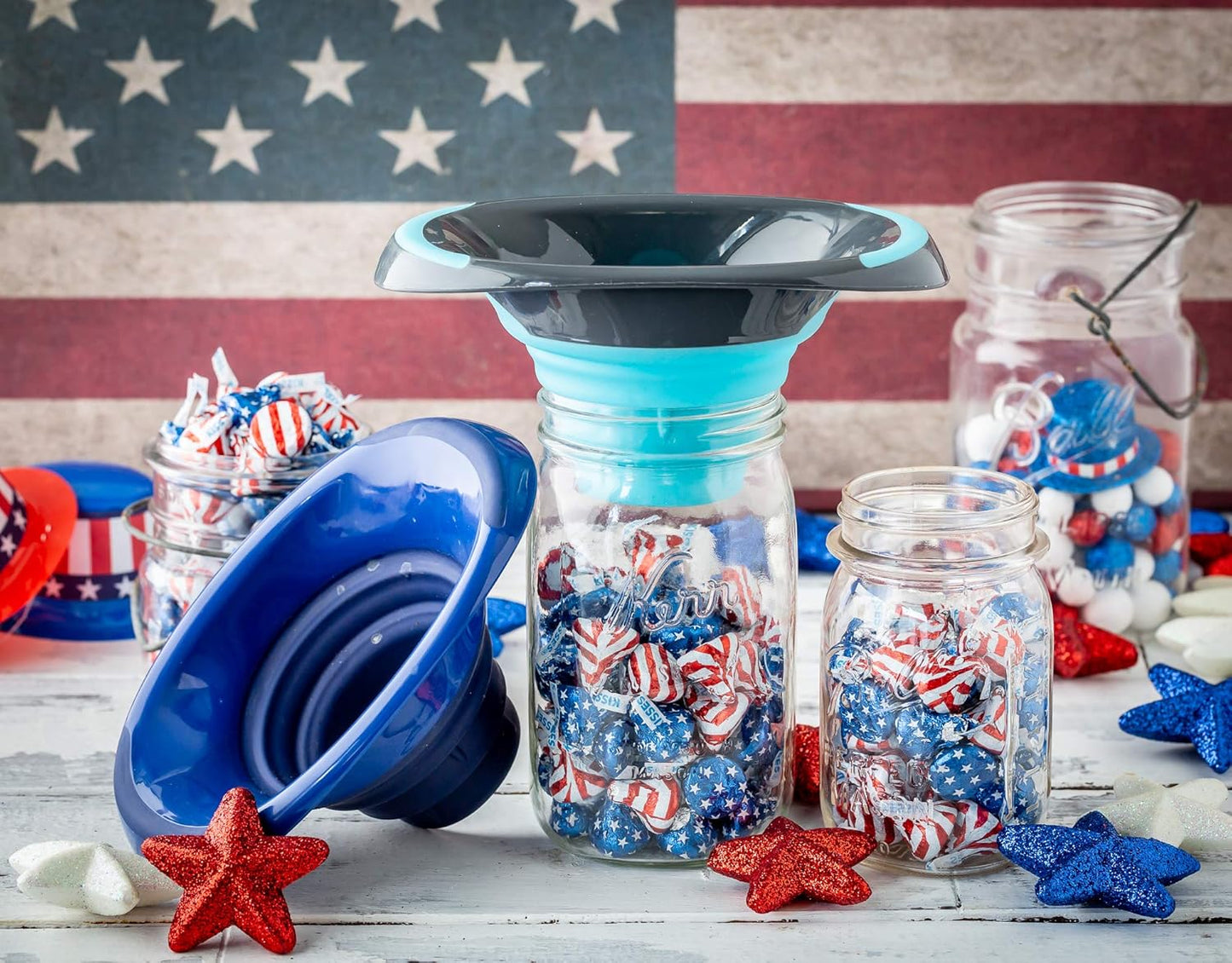 Kitchen Canning Funnel – Collapsible Silicone Food Funnel for Wide Mouth and Regular Mason Jars – Flexible Use for Coffee, Liquid, Jam, Cooking, Baking, Crafts - Blue