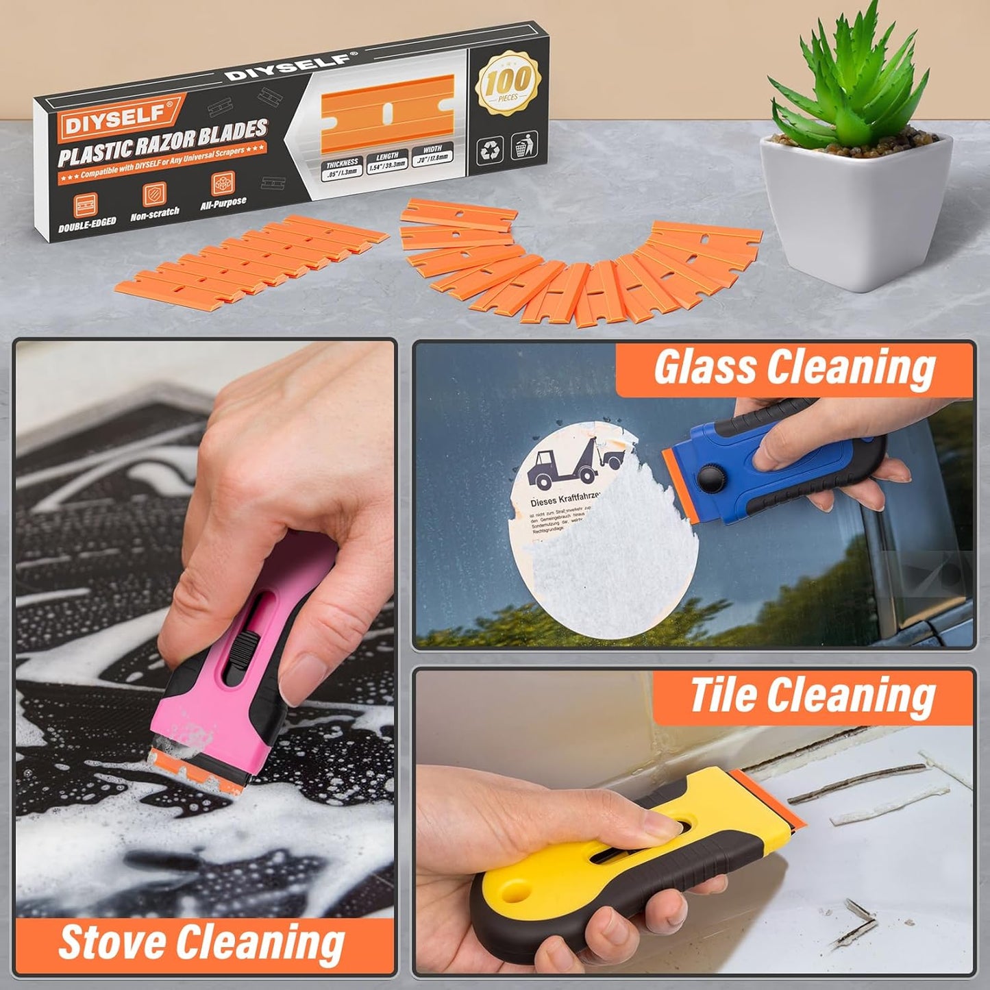 DIYSELF Plastic Razor Blades | 200-Piece Blade Replacement for Plastic Razor Scraper | Plastic Blades for Glass, Metal, Floors, Marble and Tile surfaces | Adhesive Remover