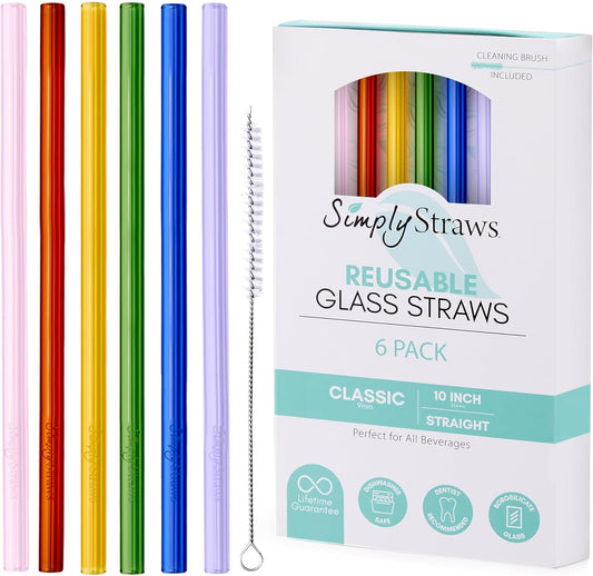 Simply Straws 10 Inch Glass Straws Straight (6-Pack) – Reusable Glass Straws for 24 Oz Mason Jars & Tumblers, with Cleaning Brush – Durable, Dishwasher Safe, Hot & Cold Use, BPA-Free (Iridium)