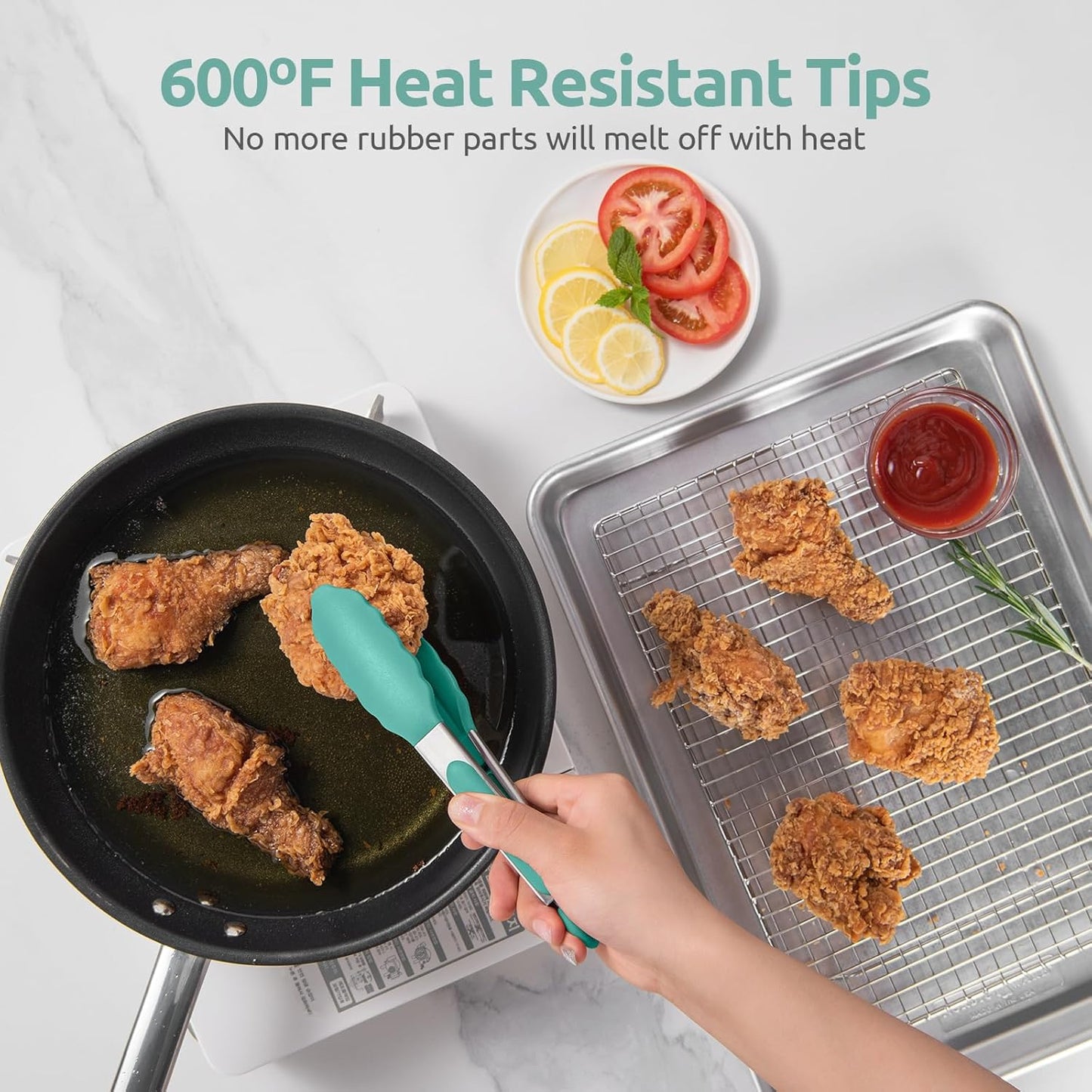 600ºF Heat Resistant Kitchen Tong: U-Taste 7in Silicone Cooking Tong with Firm Sealed Non Stick Rubber Tips & Silicon Coated 18/8 Stainless Steel Handle & Smooth Locking for Serving Salad (Aqua Sky)