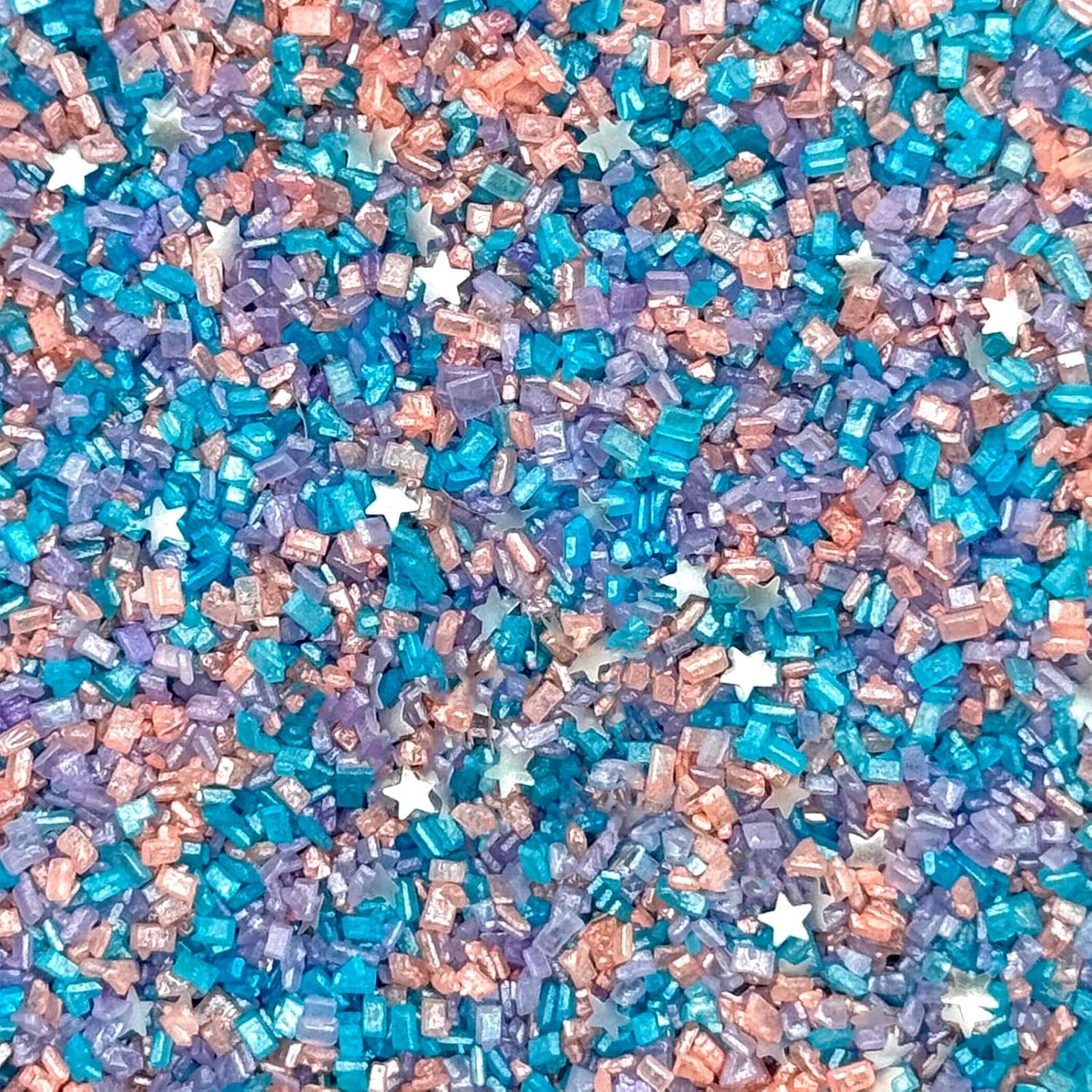 Fancy Sprinkles Opal Rain Fancy Sugar Pearlescent Peach, Lavender, and Pale Blue Sugar Crystals Flecked Silver Mini Edible Glitter Stars (4 OZ)