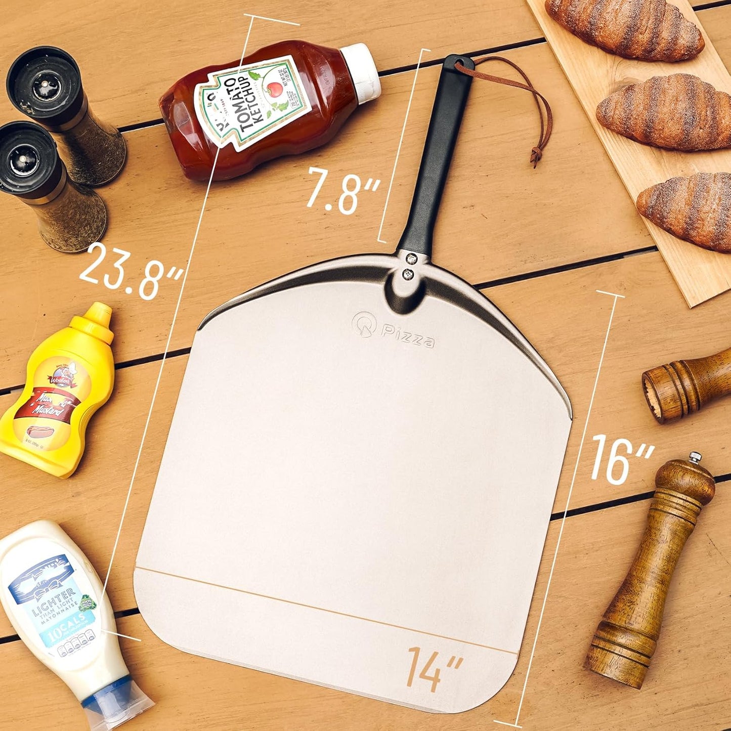 Q Pizza Aluminium Pizza Peel 14 inch, Extra Large Metal Pizza Turning Paddle, Non-stick Pizza Spatula for ooni Grill Oven Baking Bread Pastry Dough Pie Cake, PT205