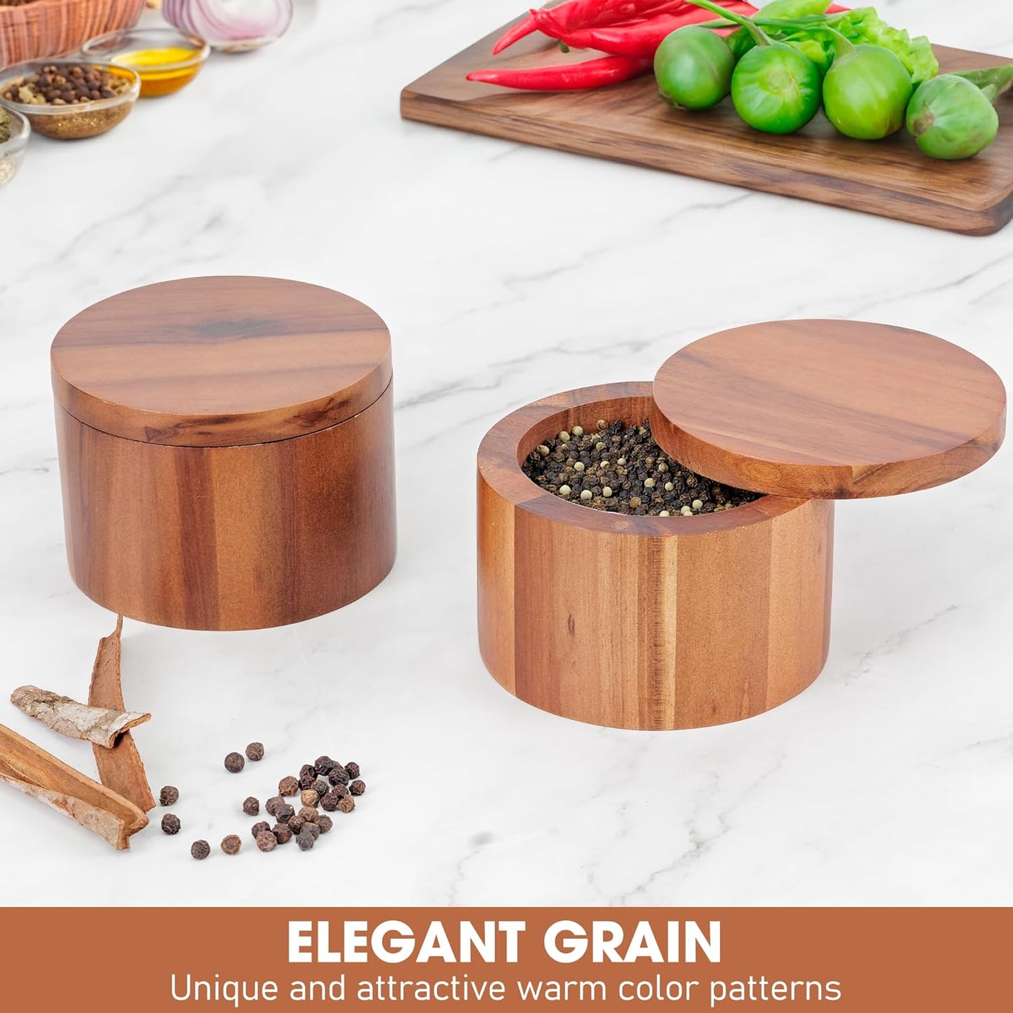 Acacia Salt Cellar 9 Ounces Capacity, Wood Salt Box With Swivel Cover, Spice Keeper, Wood Jar For Kitchen, Perfect For Keeping Table Salt, Gourmet Salts, Herbs or Favorite Seasonings