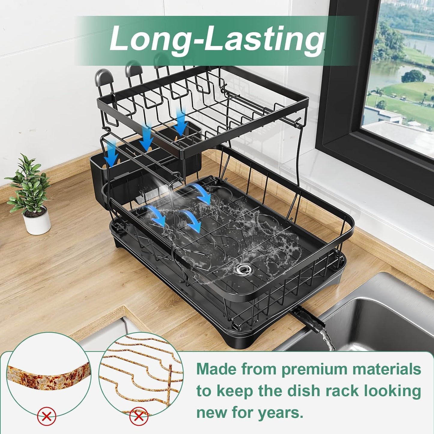 Dish Drying Rack, 2-Tier Large Dish Drying Rack for Kitchen Counter – Space Saving Dish Drainer Organizer with Utensil Holder and Cutlery Tray, Black