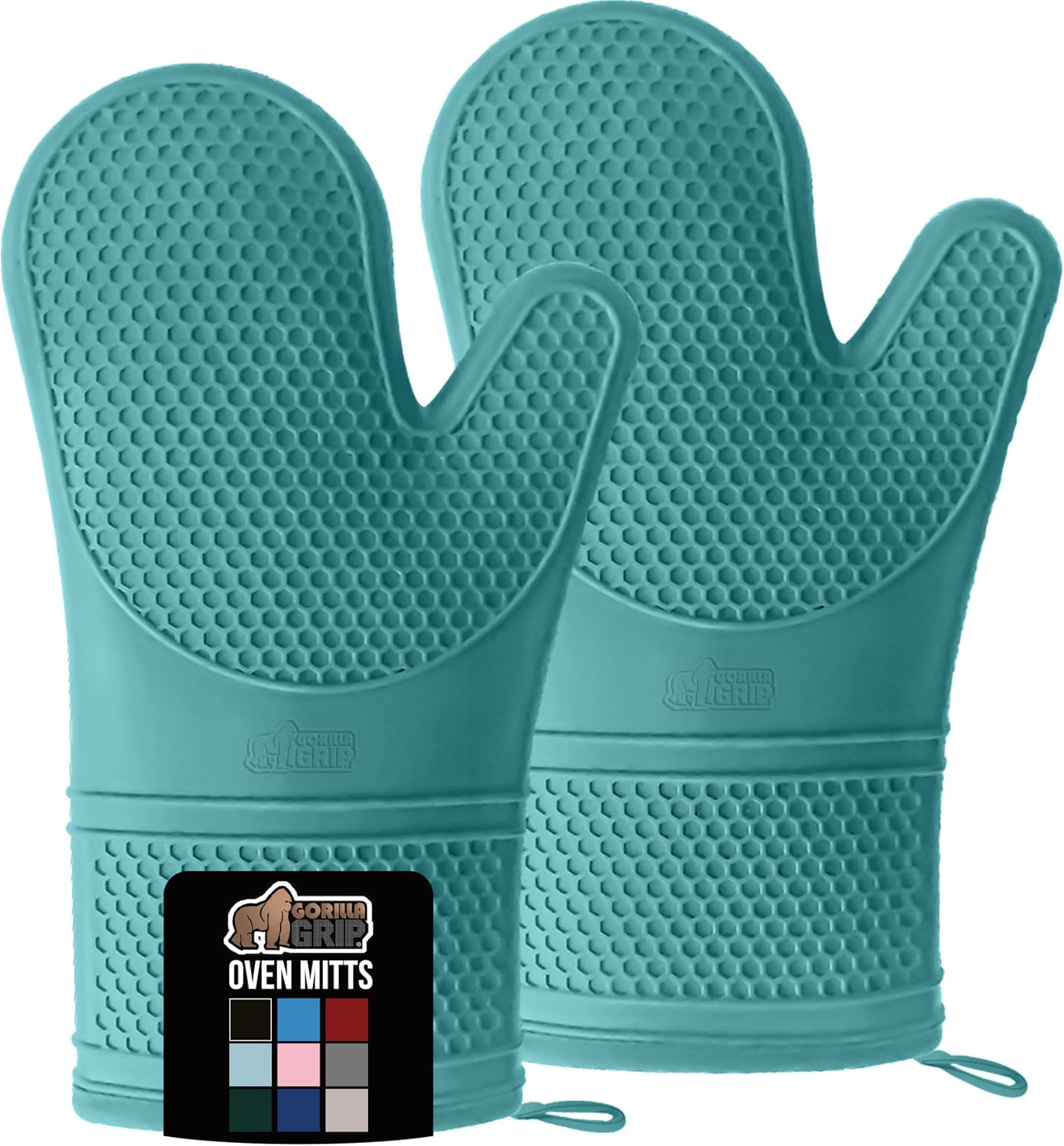 GORILLA GRIP BPA-Free Soft Silicone Oven Mitts, Heat Resistant and Waterproof Cooking Gloves, Thick Cotton Lining, Flexible Gripping for Baking Grilling, Kitchen Potholders Set, 12.5x8.3, Turquoise