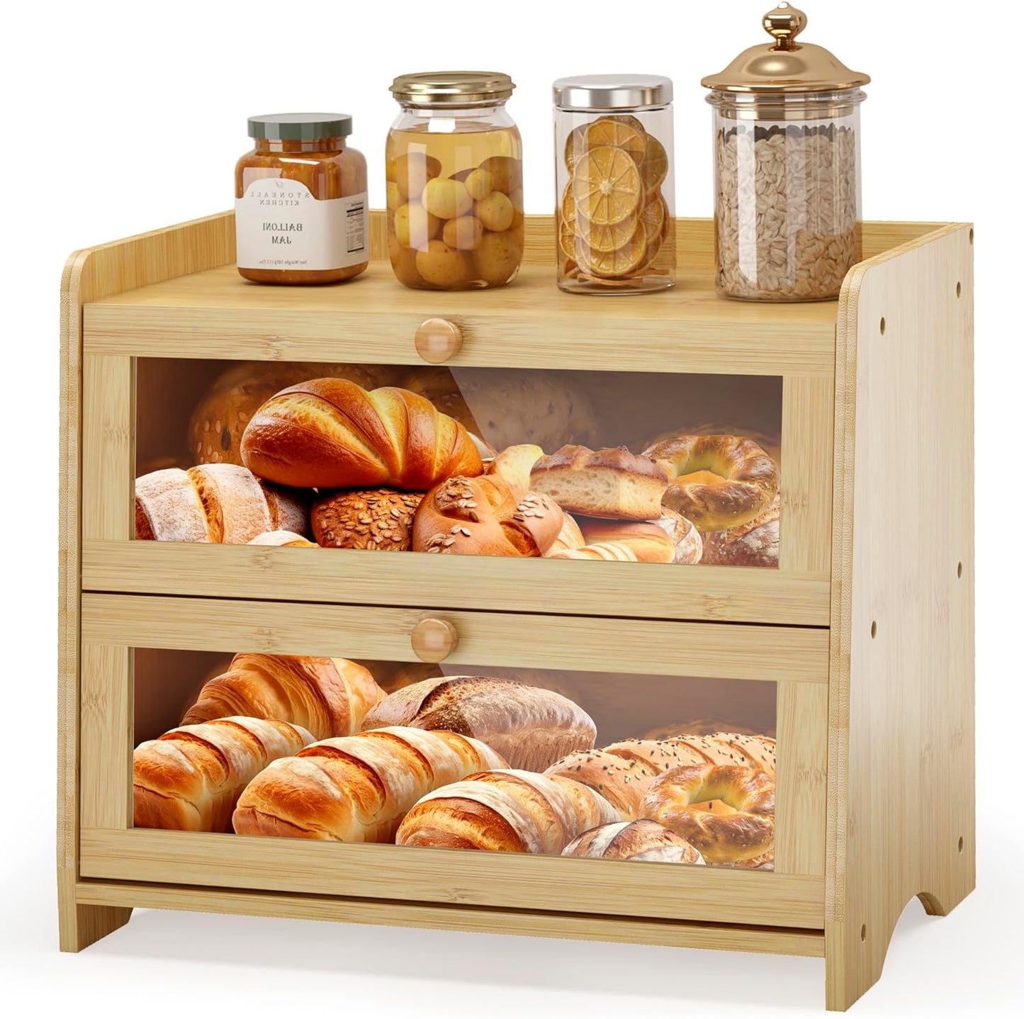 Double Layer Bread Box for Kitchen Countertop, Large Breadbox Bread with Windows, Wooden Farmhouse Bread Holder (Natural Bamboo)