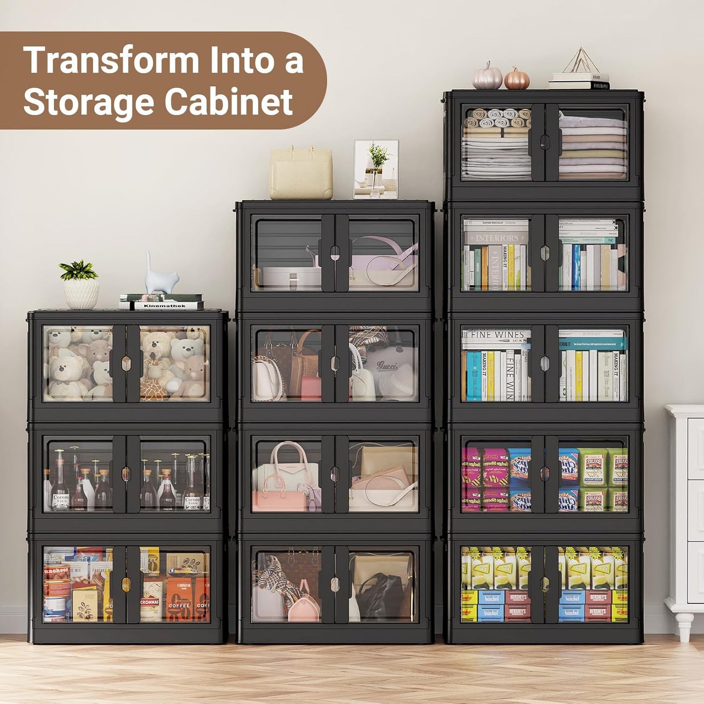 460Qt Stackable Storage Bins with Individual Lids & Wheels, Large Plastic Collapsible Latching Boxes Closet Organizers and Storage Cabinet Shelves Units for Home Kitchen Dorm, 4-Pack Black